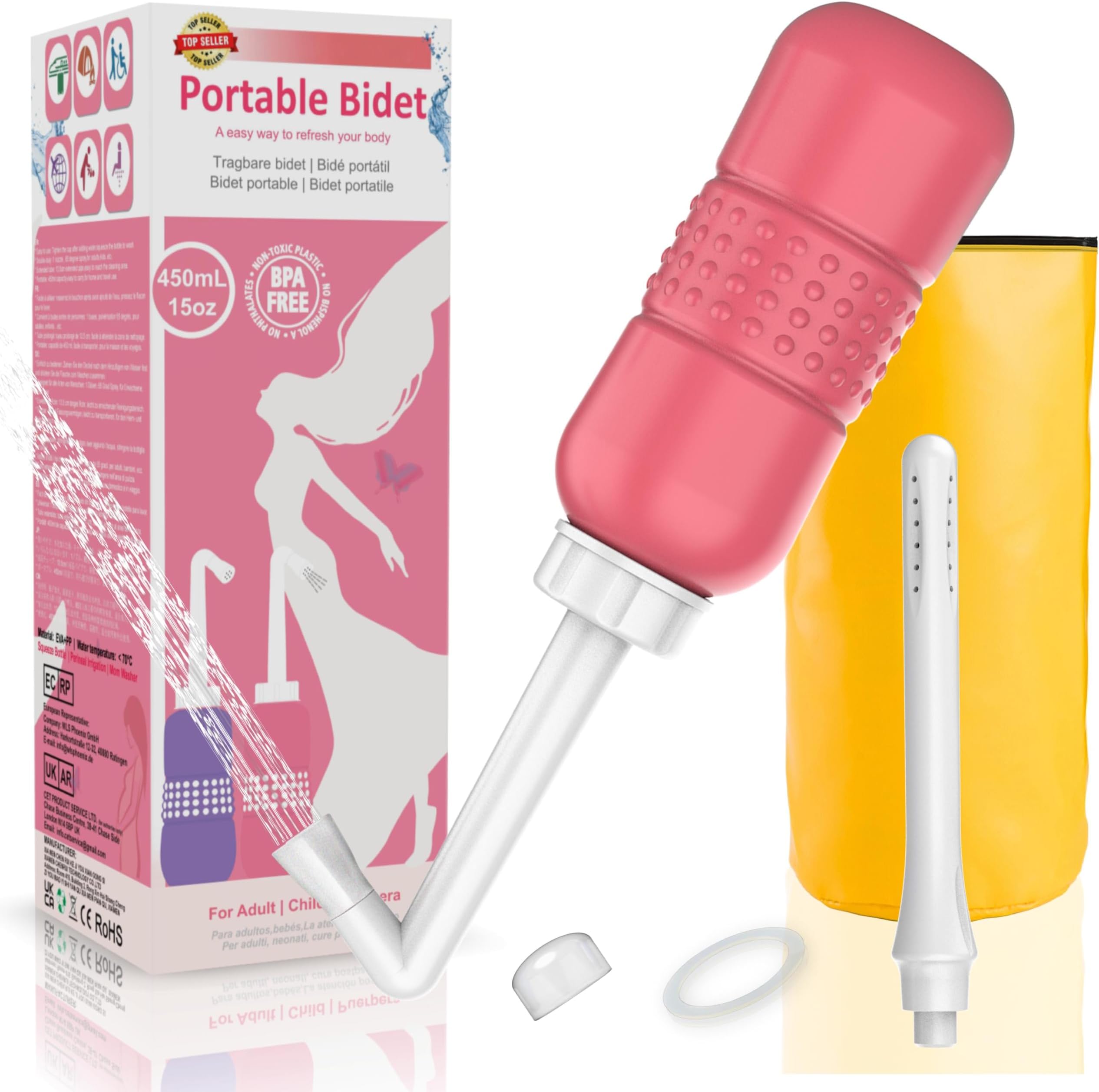 2-in-1 Portable Bidet Vaginal Douche Vaginal Cleaning Kit | Travel Bidet with Water Seal Cap and Bag | Peri Flushing Bottle for Postpartum Care Perineal Recovery and Cleansing