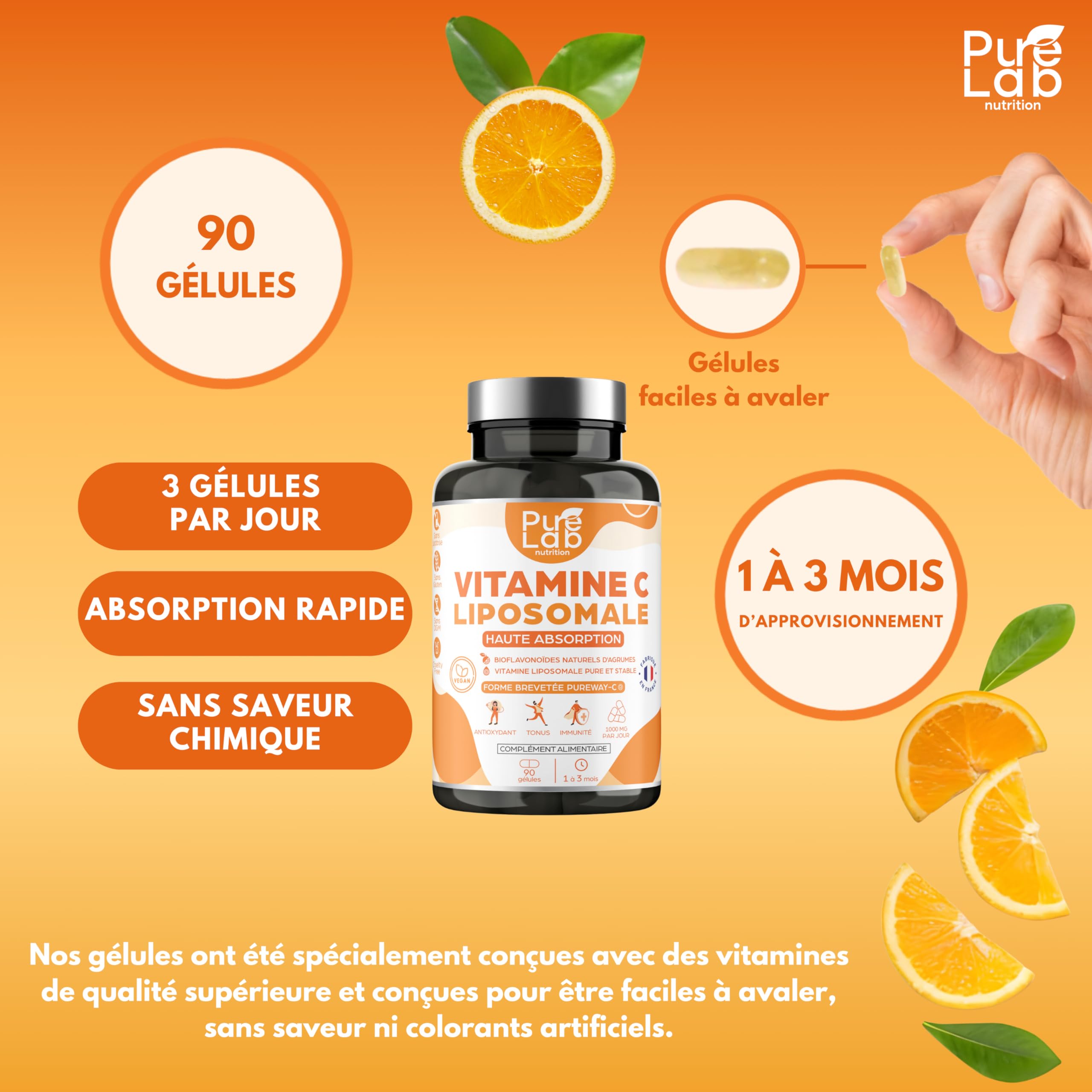 Vitamine C Liposomale 1000mg - Haute Absorption - Immunité, Antioxydant, Tonus - Formule Brevetée PureWay™ - Sans Lactose, Sans Gluten - Fabriqué en France - 90 gélules, Cure de 1 à 3 mois