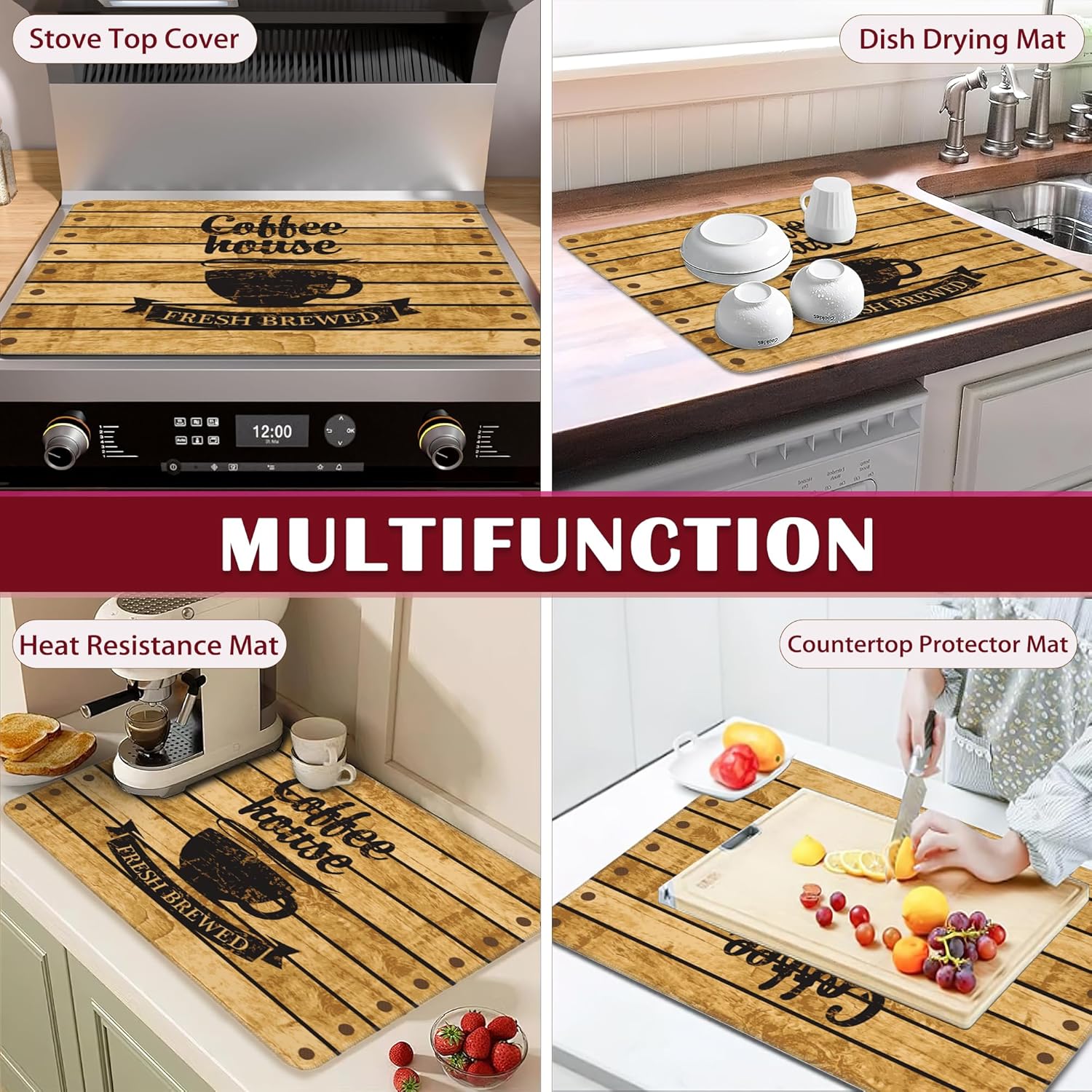 Coffee House Stove Top Cover Glass Cooktop Heat Resistant Cover,Coffee Cup Wooden Ceramic Stove Top Covers Mat Prevents Scratching Stoves/Counter/Washer Protector,28x20 in