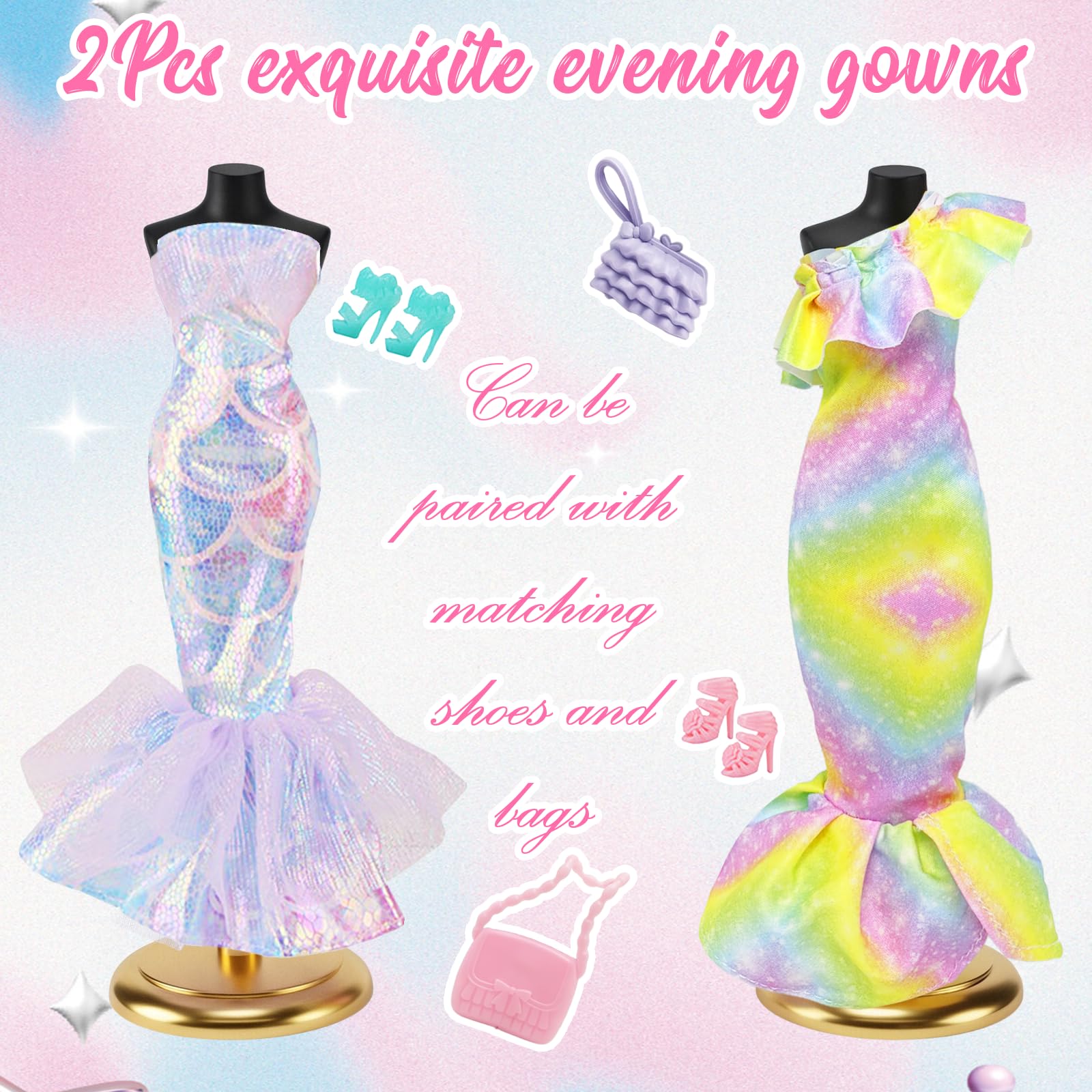 18 vestiti per bambola da 29,2 cm, compatibili con Barbie 1 vestito floreale, 1 gonna a sirena con paillettes, 1 gonna a sirena monospalla, 4 set di abiti top e pantaloni, 2 borse, 5 scarpe, regali