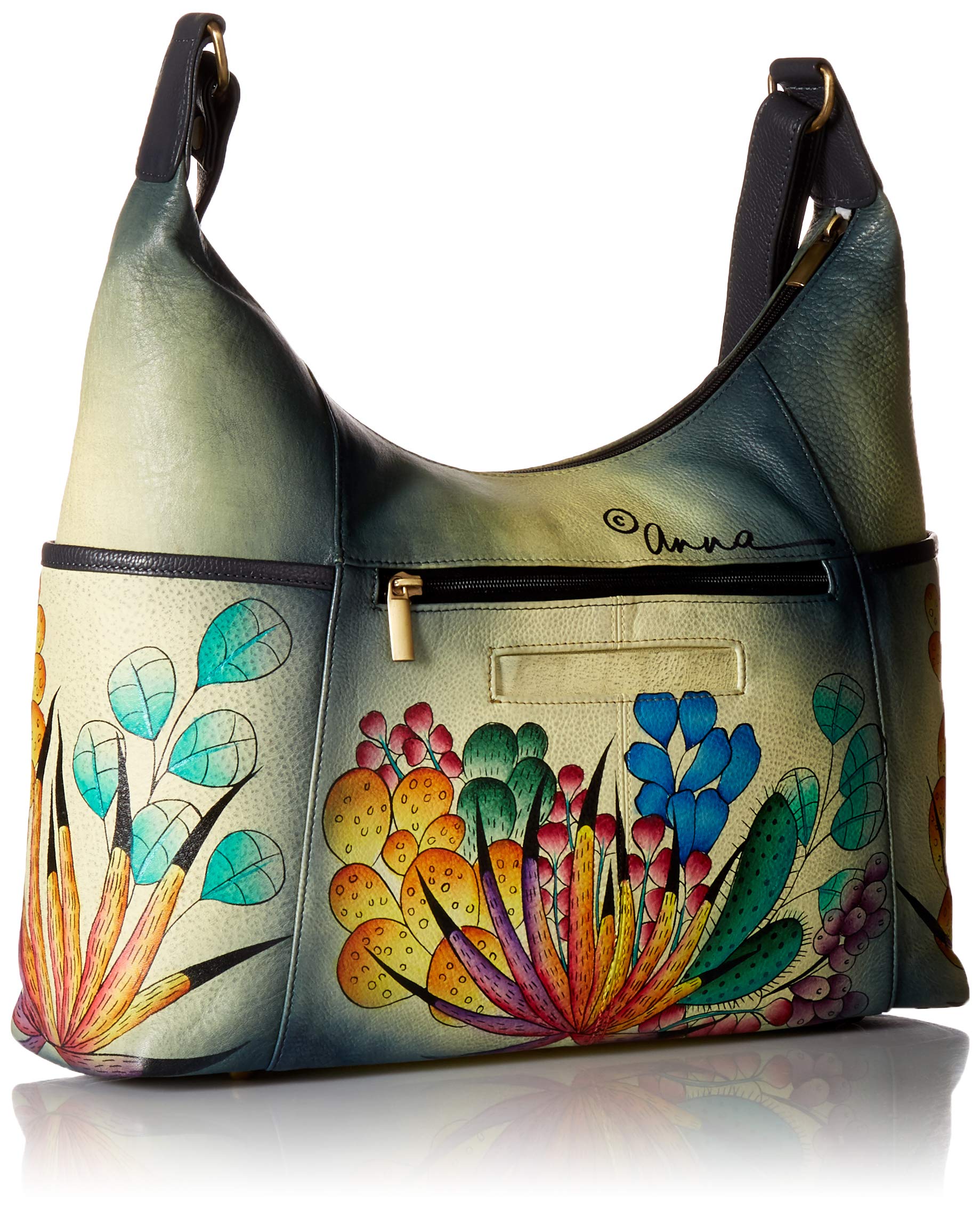 Anna by Anuschka Women's Genuine Leather Large Hobo Handbag | Hand Painted Original Artwork | Zip-Top Organizer | Succulent Dreams