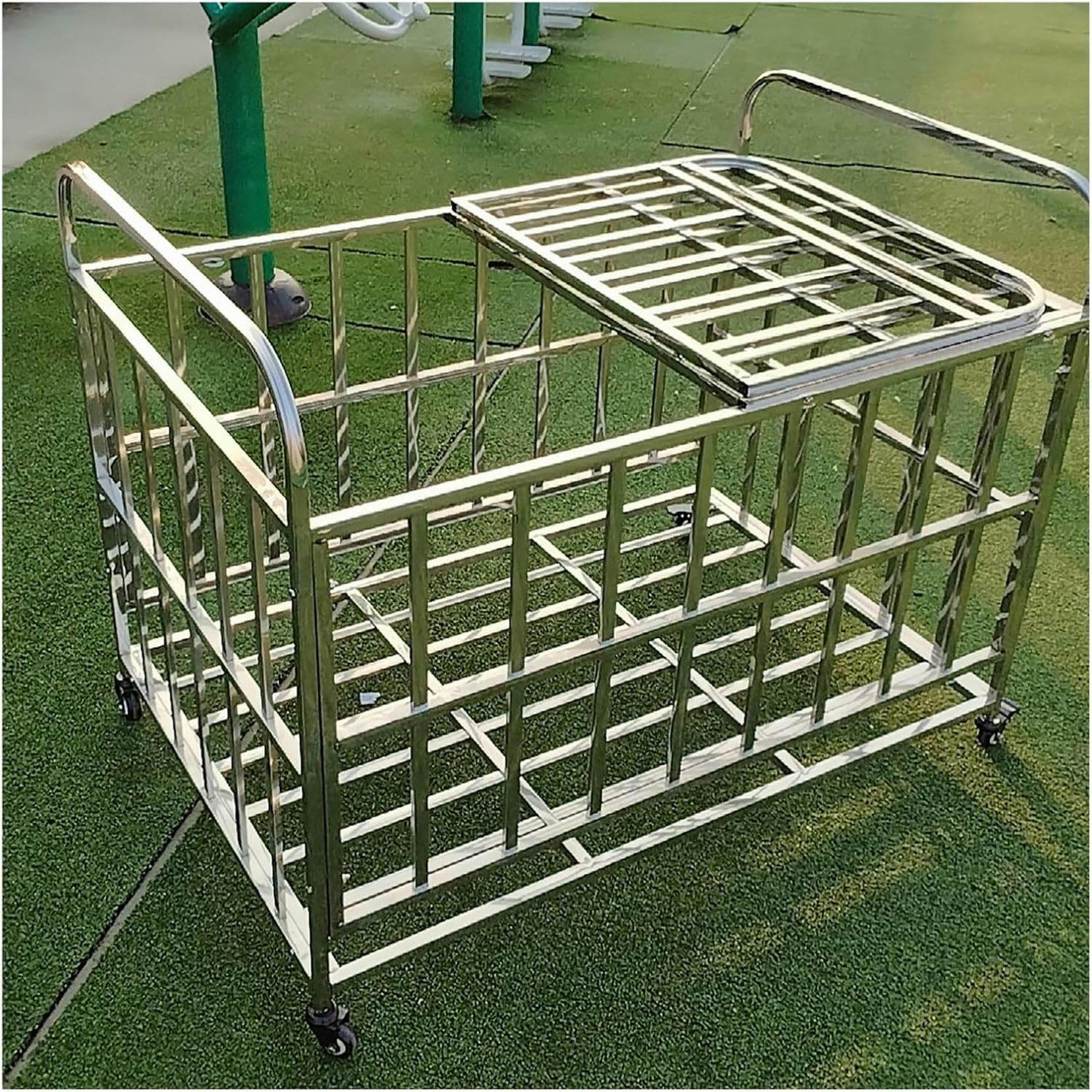 Wózek sportowy ze stali nierdzewnej z kółkami do przechowywania sprzętu outdoorowego, 120 x 80 x 90 cm, wytrzymała piłka gimnastyczna z pokrywką, do dużego sprzętu sportowego