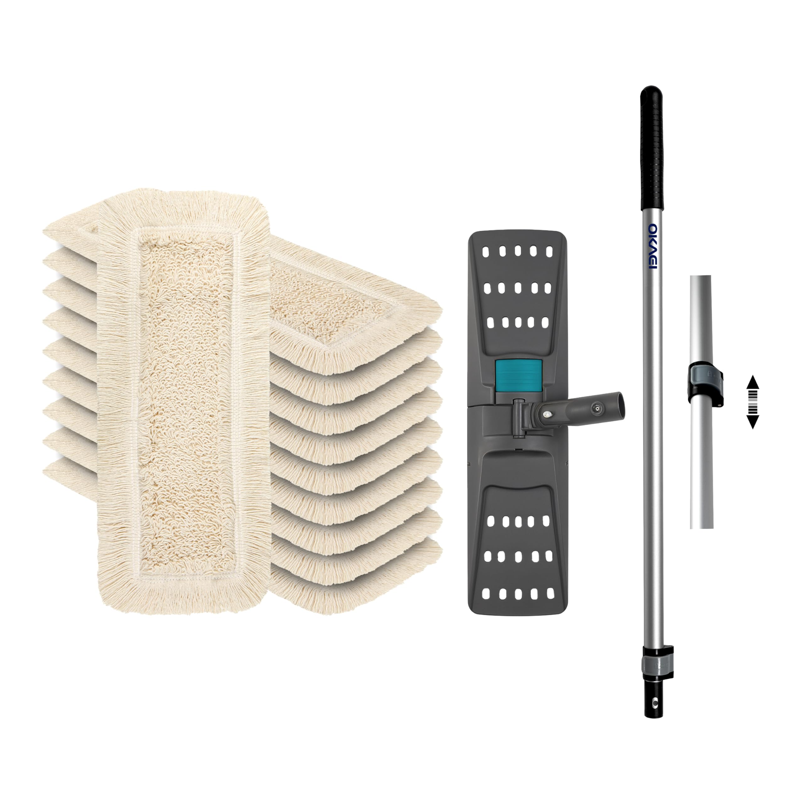 OKAEI Wischmop Set 50 cm – 10× Wischmopp‑Bezug Beige + Klapphalter & Alu‑Teleskopstiel – Bodenwischer‑Set für Trocken‑ & Nassreinigung