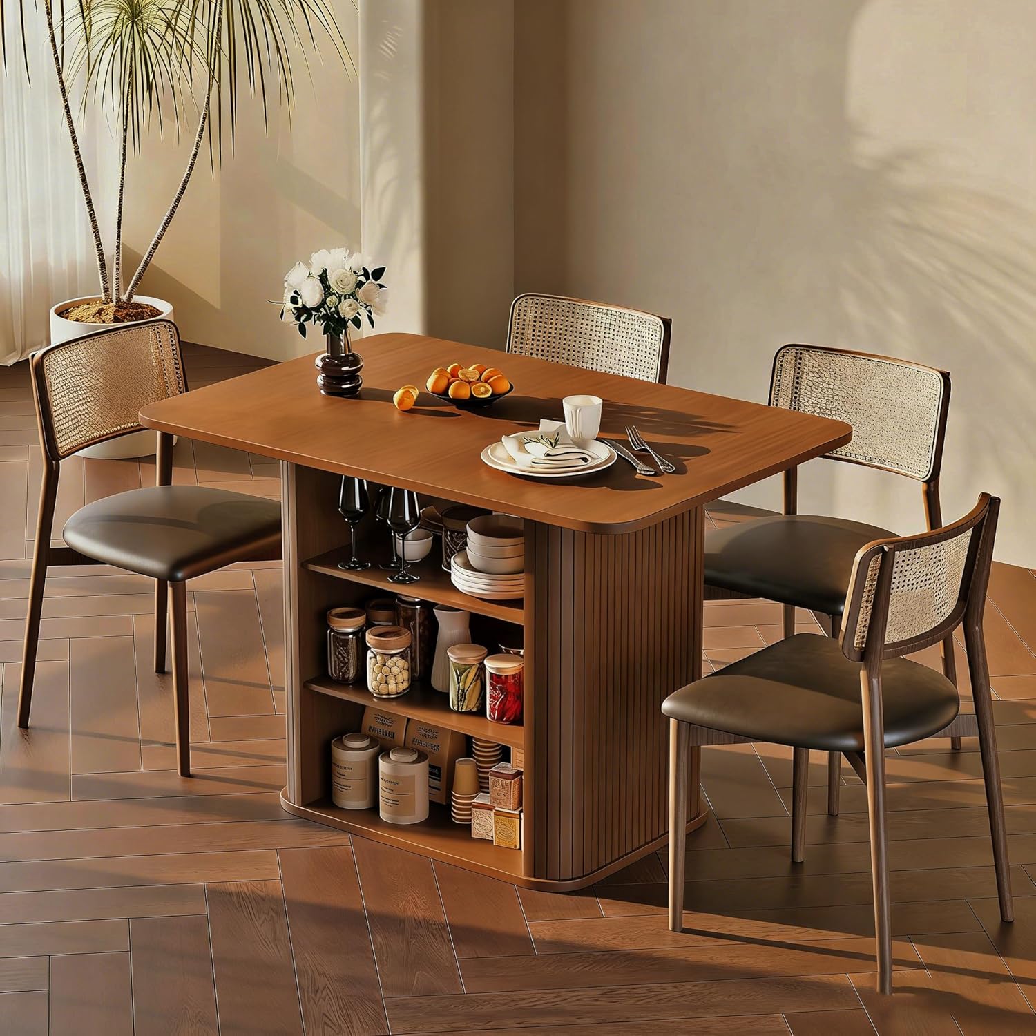 Dining Table for 4, Small Rectangular Kitchen Table for 2 with 3-Tier Storage Shelf, Farmhouse Modern Fluted Wood Table (Walnut)