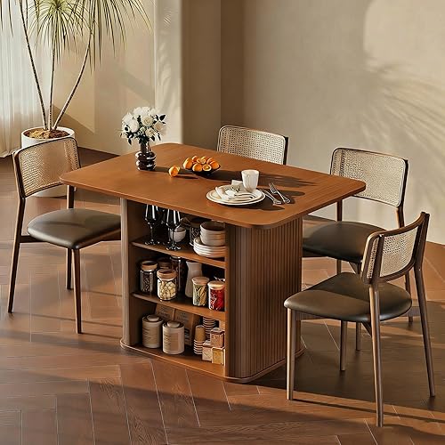 Mesa de comedor para 4, pequeña mesa de cocina rectangular para 2 personas con estante de almacenamiento de 3 niveles, mesa moderna de madera