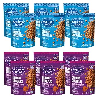 Saffron Road Roasted and Crunchy Chickpeas | Crunchy Sea Salt and Bombay Spice | Certified Organic, Gluten-free, Vegan, Non-GMO, and Certified Halal and Kosher | 5.4oz Pouch | Pack of 12