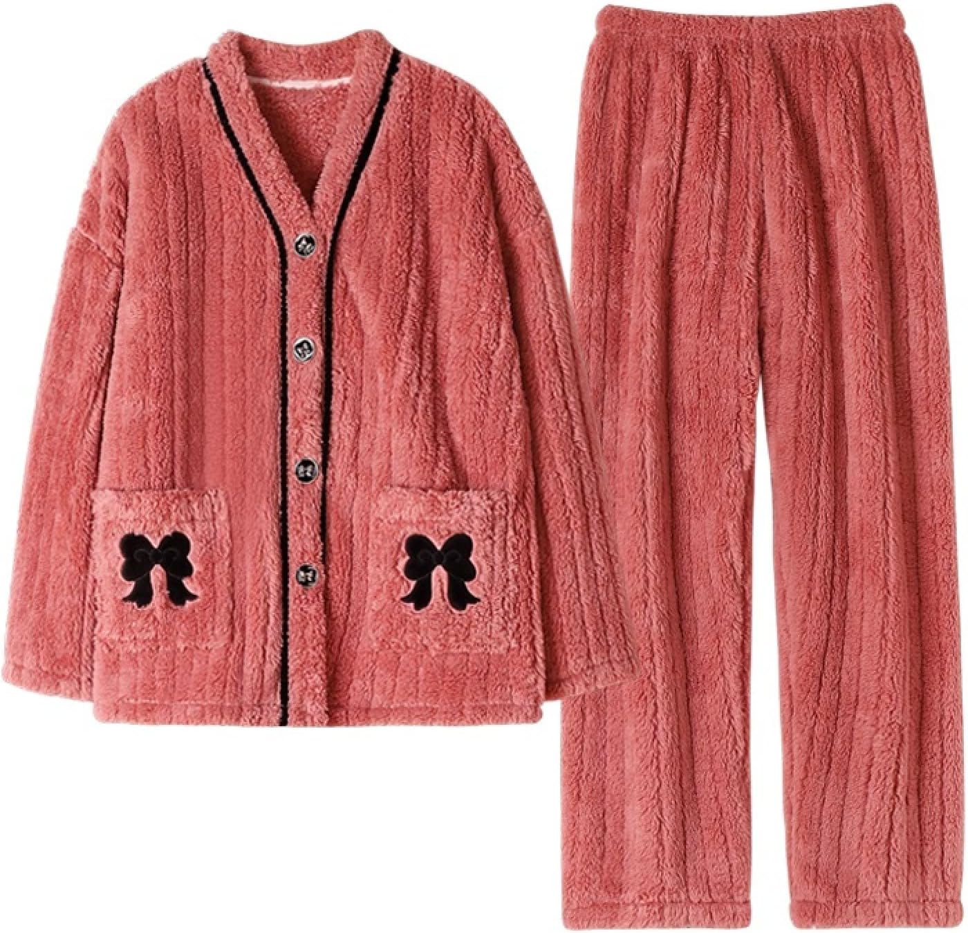JISJDFDTH] 厚い温かいパジャマセット - ファッションソリッドカラー波状ジャックドラペルボタン長袖ズボンスリープウェア2 JISJDFDTH]  女性の冬のパジャマセット - ラインボウパターンVネックコーラルベルベット太いポケット付きホームサービススー JISJDFDTH] 女性の冬 ... [JISJDFDTH] 女性の冬のパジャマセット - ラインボウパターンVネックコーラルベルベット太いポケット付きホームサービススー