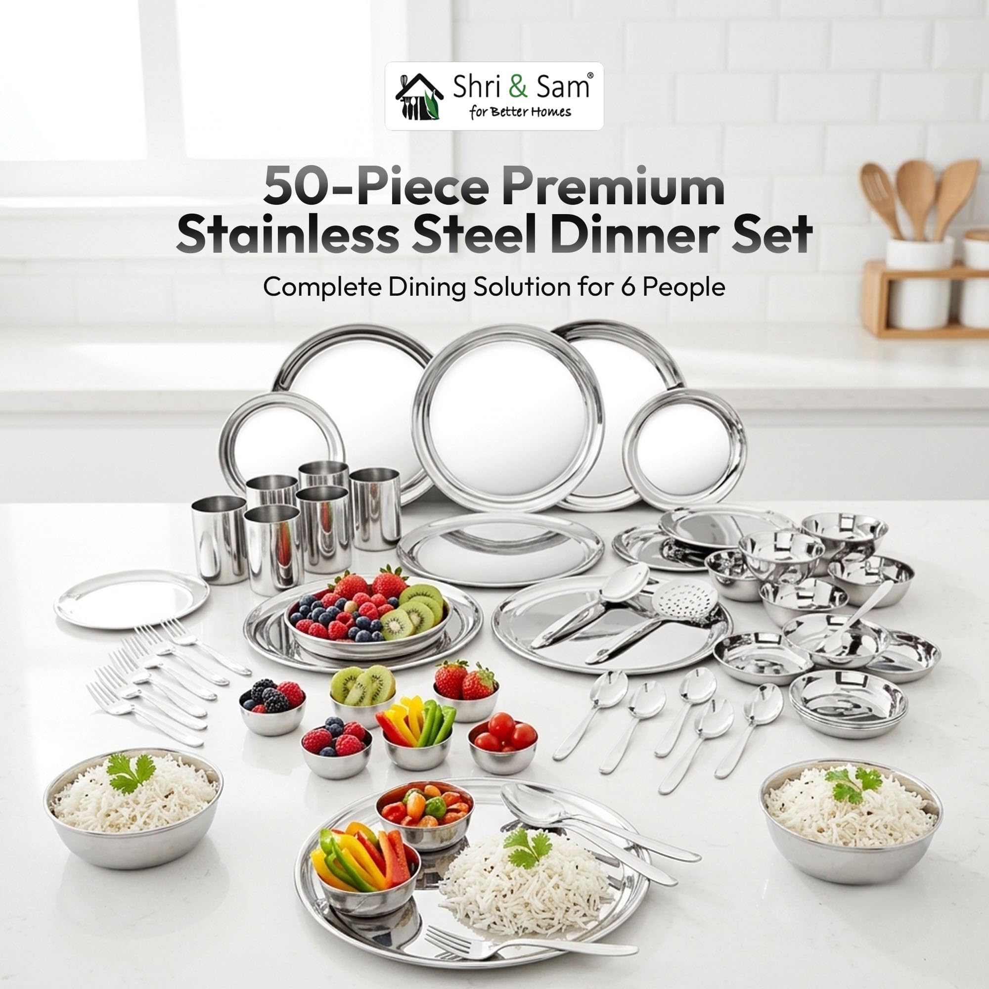 Shri and Sam Dinner Set | 50-Piece Shagun Stainless Steel Dinner Set for 6 People, Solid Silver Steel Kitchen & Dining Set with Plates, Bowls, Glasses, Spoons & Serving Essentials 1