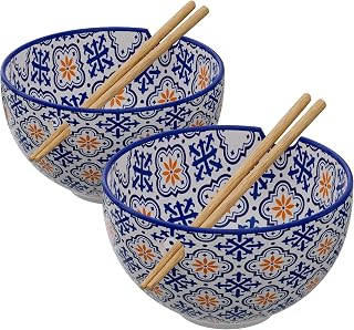 Ramen Bowl with Chopsticks | Set of 2 | Soup Bowls for Kitchen | Udon Noodle Bowls with Chopsticks | Stoneware Soup Bowl | 6" Diameter (21 Oz) - Medallion Blue & Orange Design