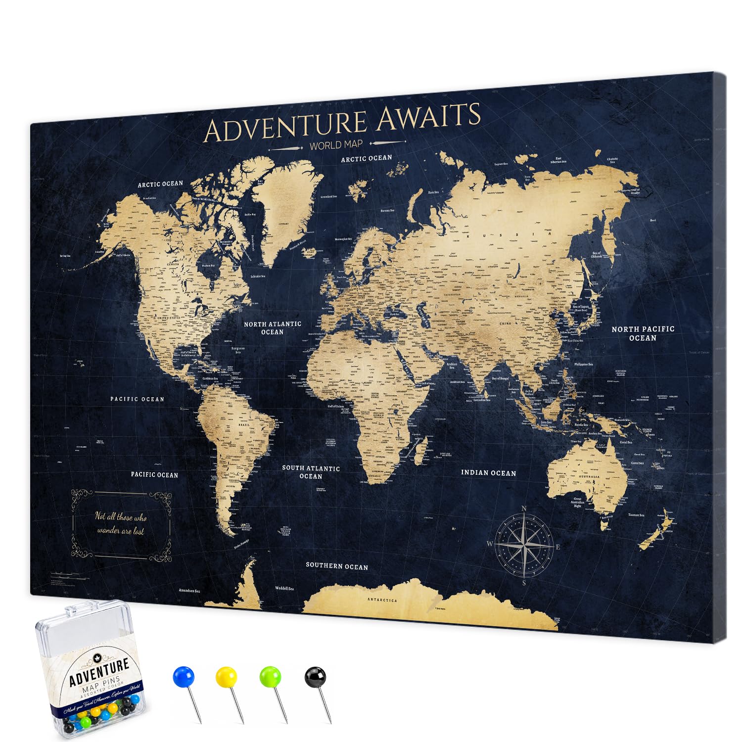 IPIC Vintage Teal World Travel Map with Pins, World Map Pin Board, 42x28 in