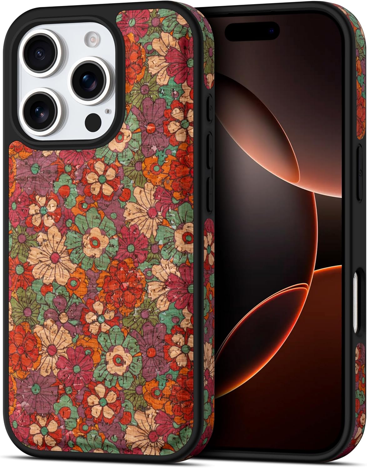 maogoam Flower Leather Case for iPhone 16 Pro Max 6.9", Soft Composite Wood Veneer Leather Case for Women, Compatible with Magsafe, Oil Painting Style, Red Flowers