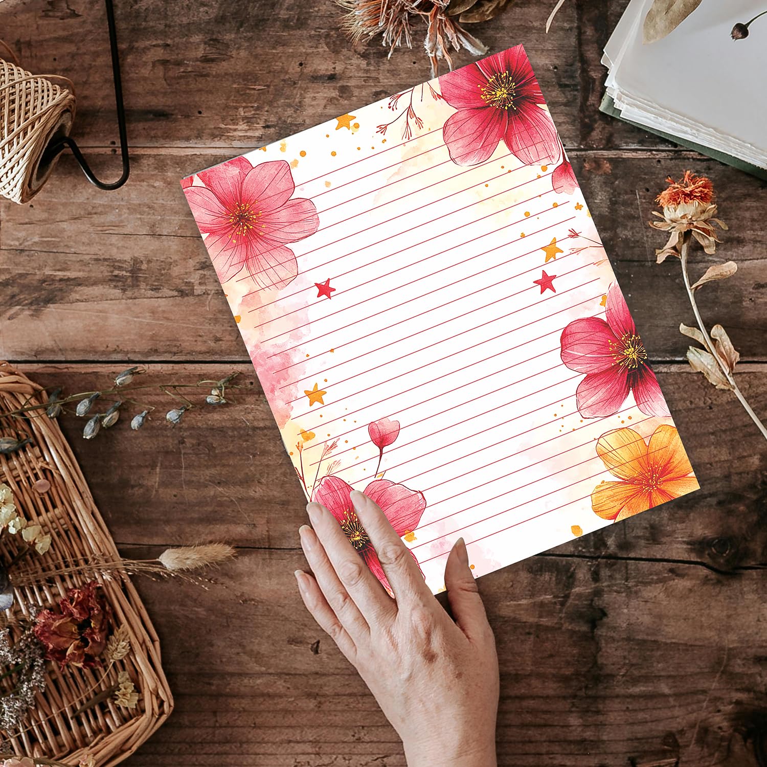 PARTH IMPEX Aquarell-Briefpapier, liniert, 21,6 x 27,9 cm, Briefgröße, liniert, Briefpapier, 120 g/m², dick, dekoratives Scrapbooking, buntes antikes Blumen-Design, 56 Blatt