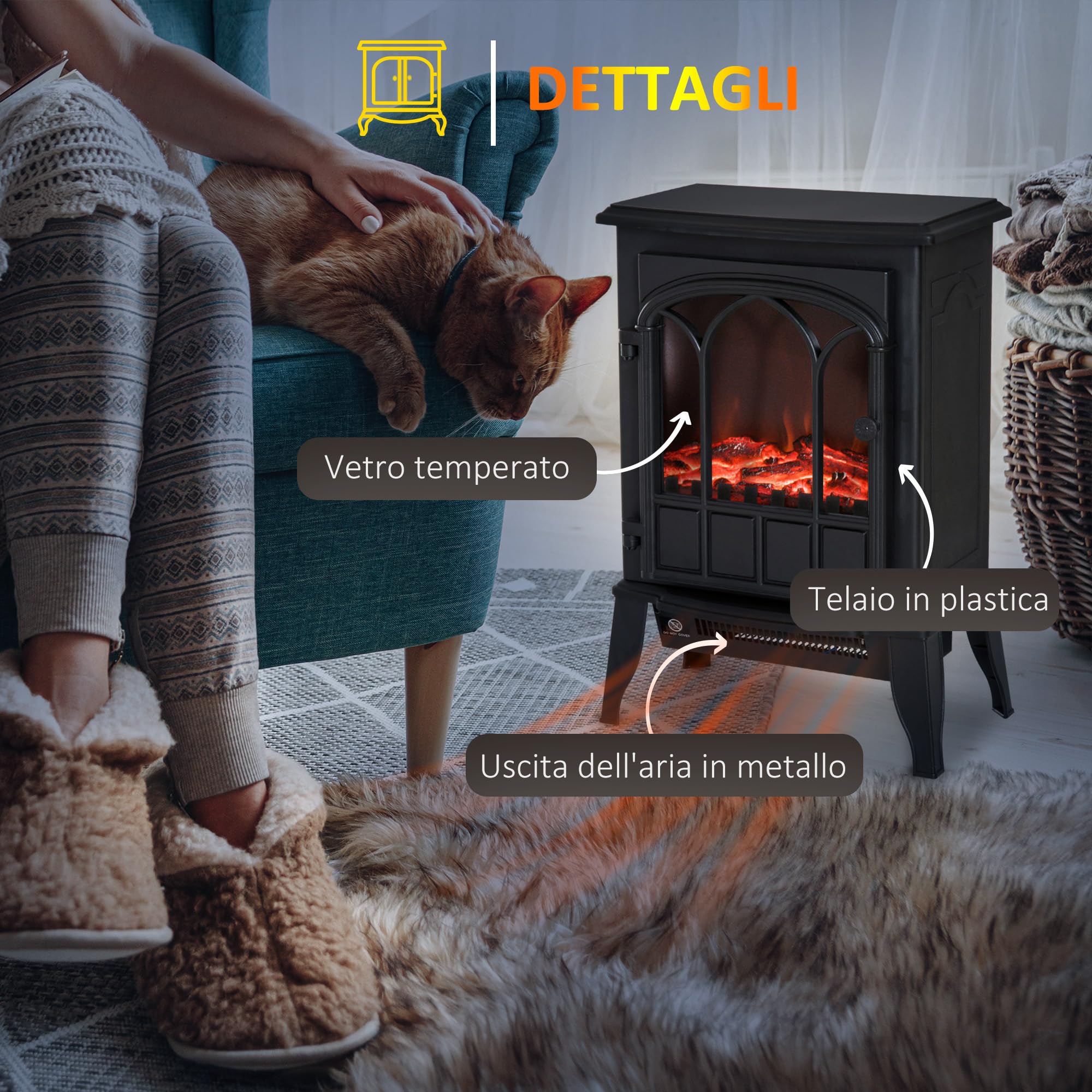 HOMCOM Camino da Terra Elettrico Potenza 1000W / 2000W con Effetto Fiamma Luminosità Regolabile, Caminetto Elettrico con Temperatura Regolabile e Protezione Anti Surriscaldamento, 39x23x56.5cm, Nero