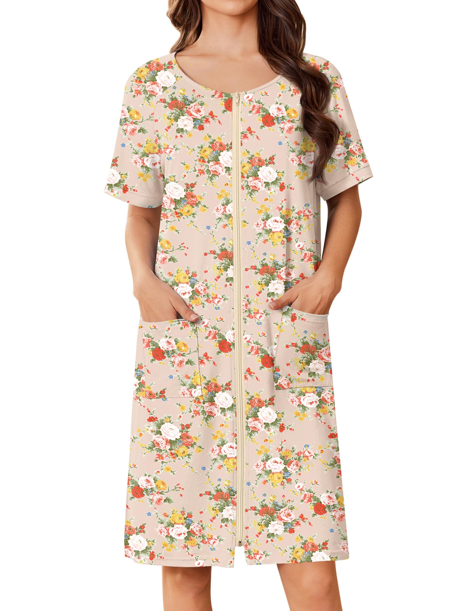 Ekouaer Bata corta con cremallera para mujer, bata de baño ligera con estampado floral, vestido de casa con bolsillos, camisón S-3XL