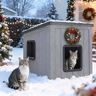 Outdoor Cat House, Cat Houses for Outdoor Indoor Cats, Clawsable Cat House Weatherproof, Feral Cat Shelter, Resin Insulated Material, Emergency Exit Easy to Clean and Install, Black