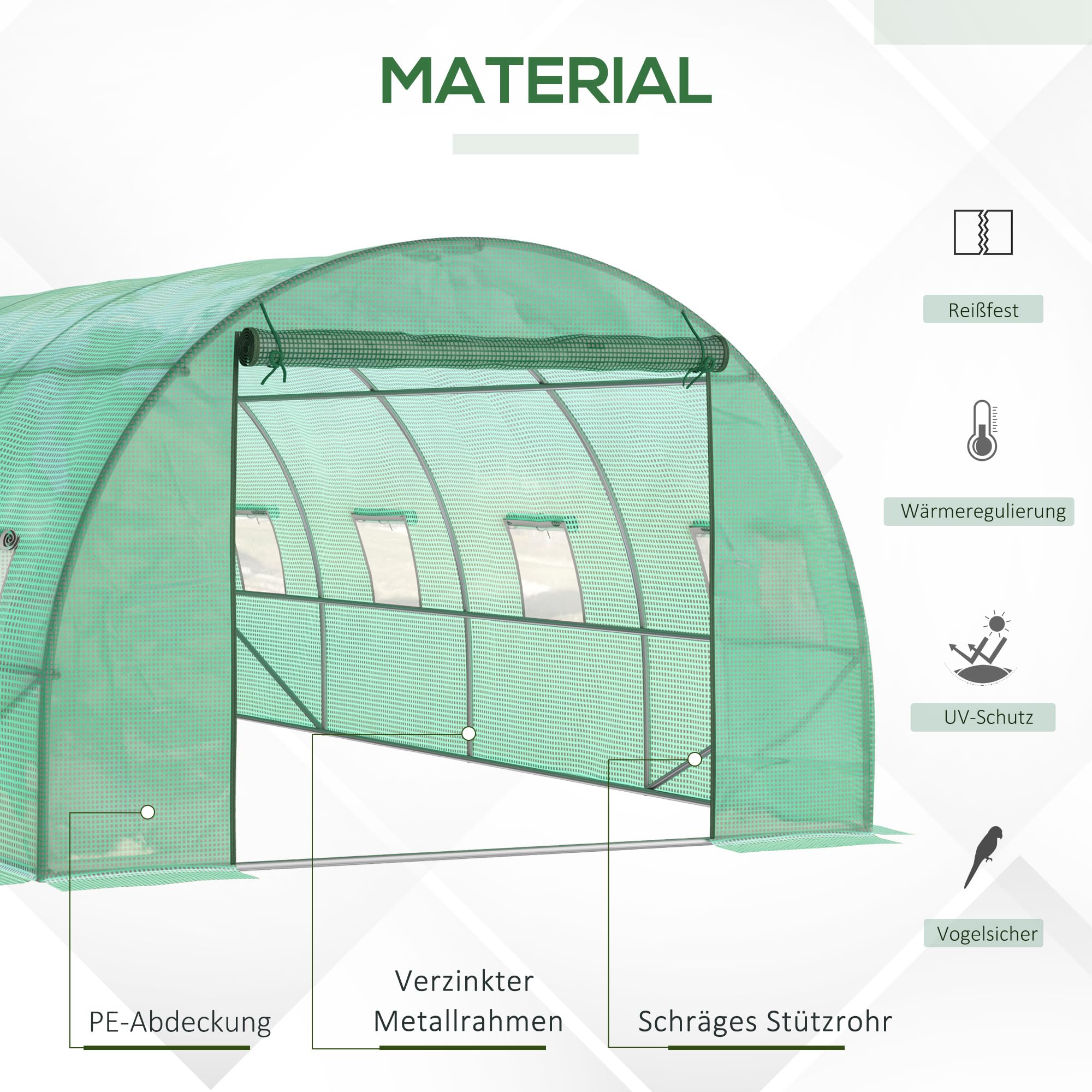 Invernadero Outsunny Aprox. 6 x 3 x 2 m Invernadero de lámina con 8 Ventanas, Puerta Enrollable, Paredes Laterales enrollables, túnel de lámina Resistente a los Rayos UV, Invernadero para Tomates con