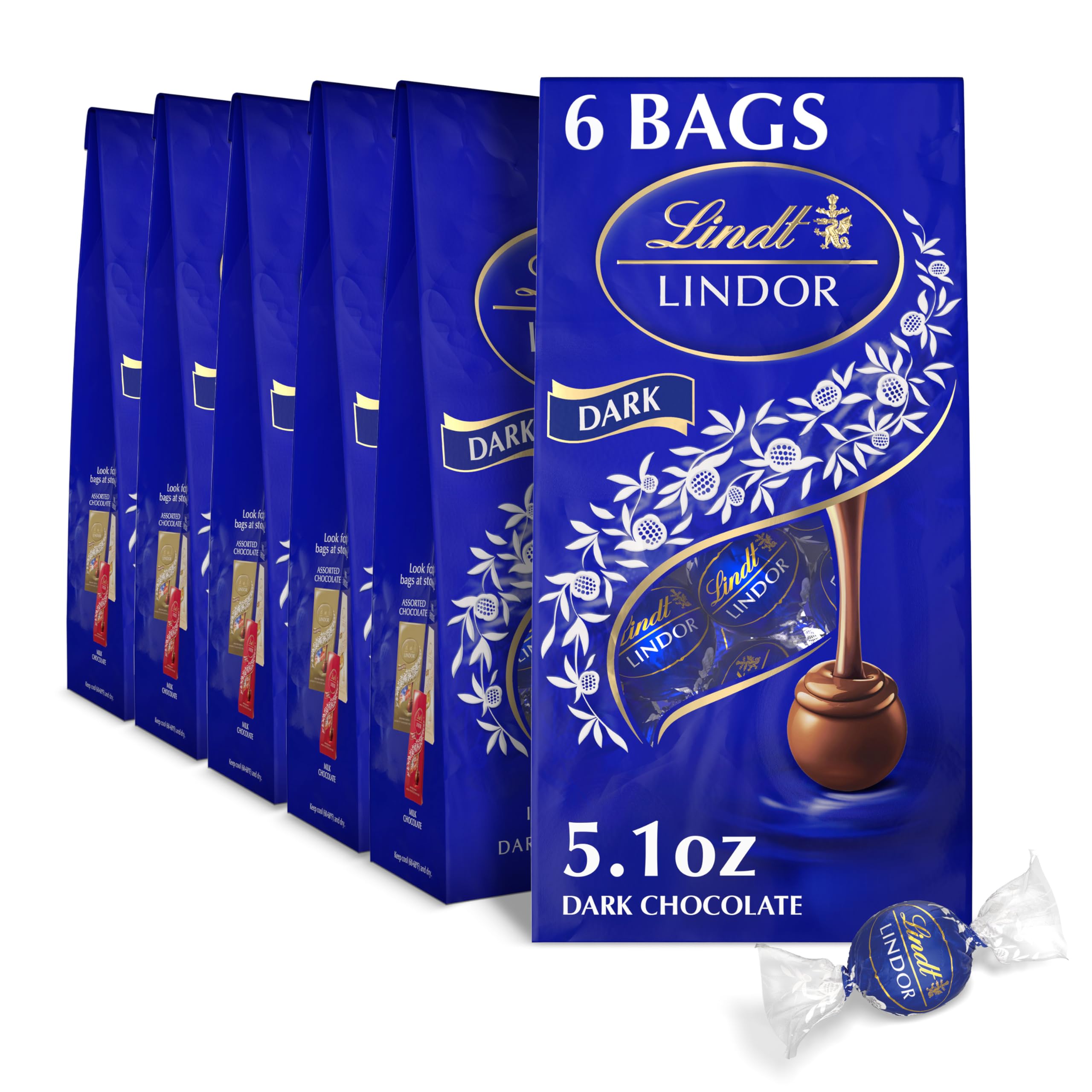 Lindt LINDOR Dark Chocolate Truffles, Dark Chocolate Candy with Smooth, Melting Truffle Center, Great for Gift Giving, 5.1 oz. Bag (6 Pack)