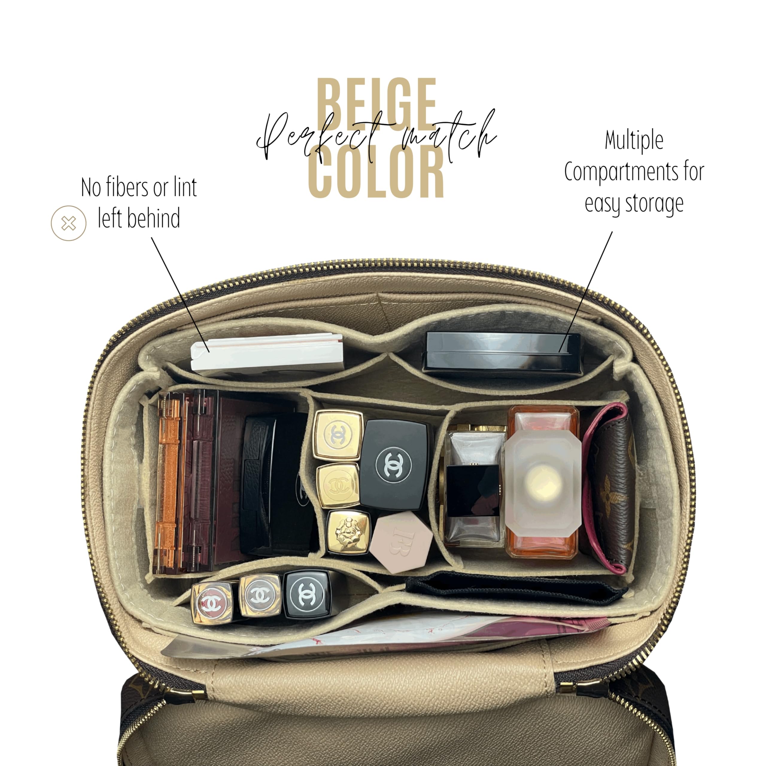 Divitize Organizer premium kompatybilny z LV Nice BB/Mini/Nano/Vanity Case - Miękki filc, dopasowany wzór, wyjmowana torba środkowa, 24 kolory (kremowy, ładny BB)