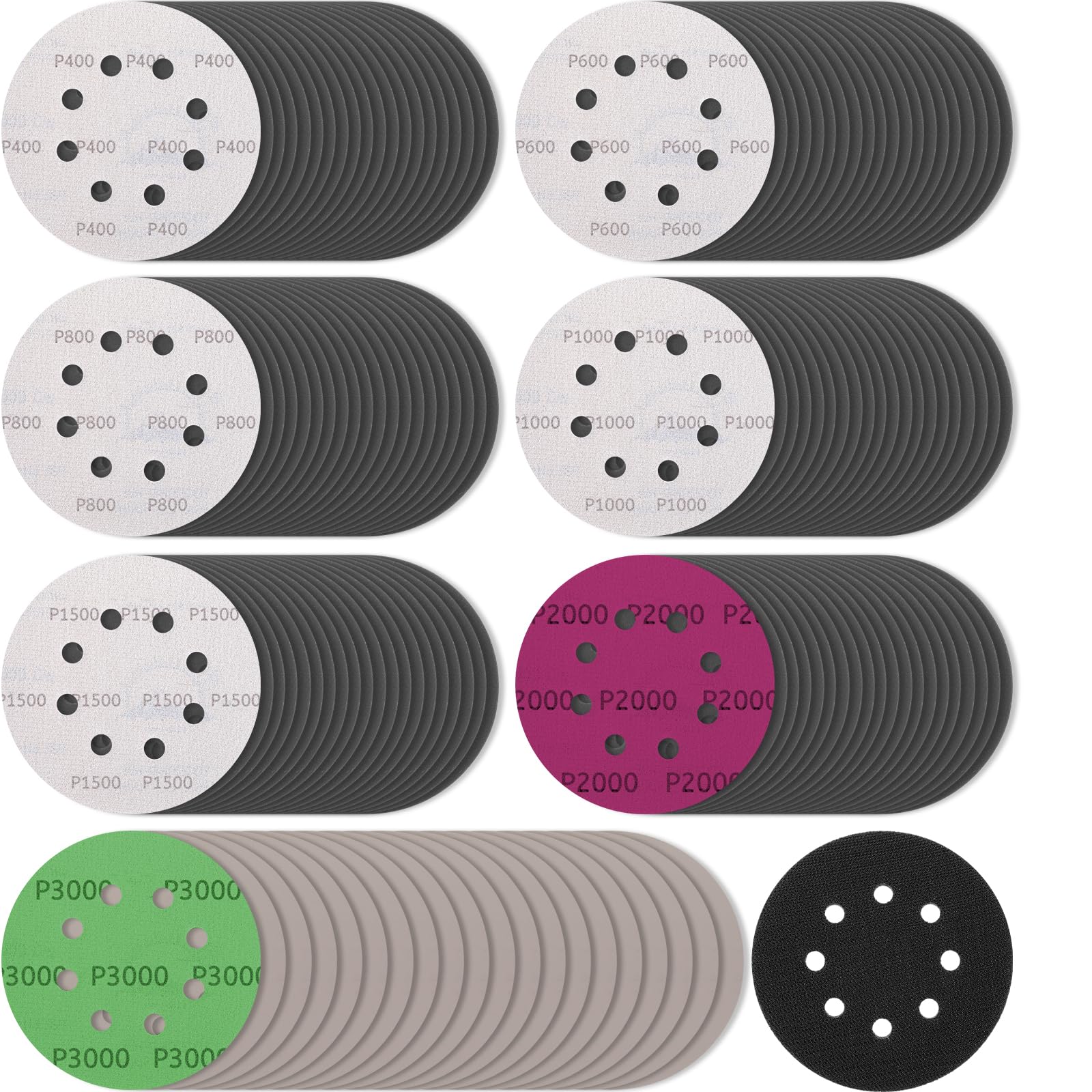 140Pcs 5 Inch Sanding Discs Hook & Loop Sandpaper, 400 600 800 1000 1500 2000 3000 Grit 8 Holes Orbital Sandpaper for Orbital Sander Automotive Wood