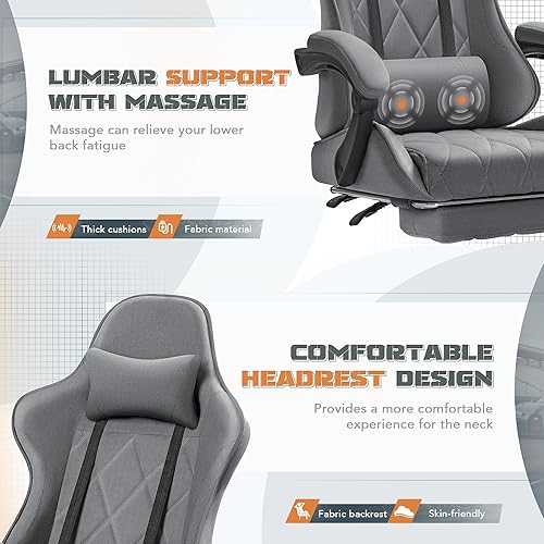 Miniatura 4 de Furmax Silla para videojuegos, silla de videojuegos con reposapiés y soporte lumbar de masaje, asiento giratorio de tela transpirable, silla de