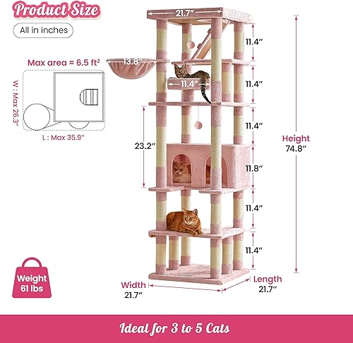 Miniatura 24 de MWPO Árbol grande para gatos de 74.8 pulgadas con postes rascadores cubiertos de sisal y condominio, torre alta para gatos, muebles