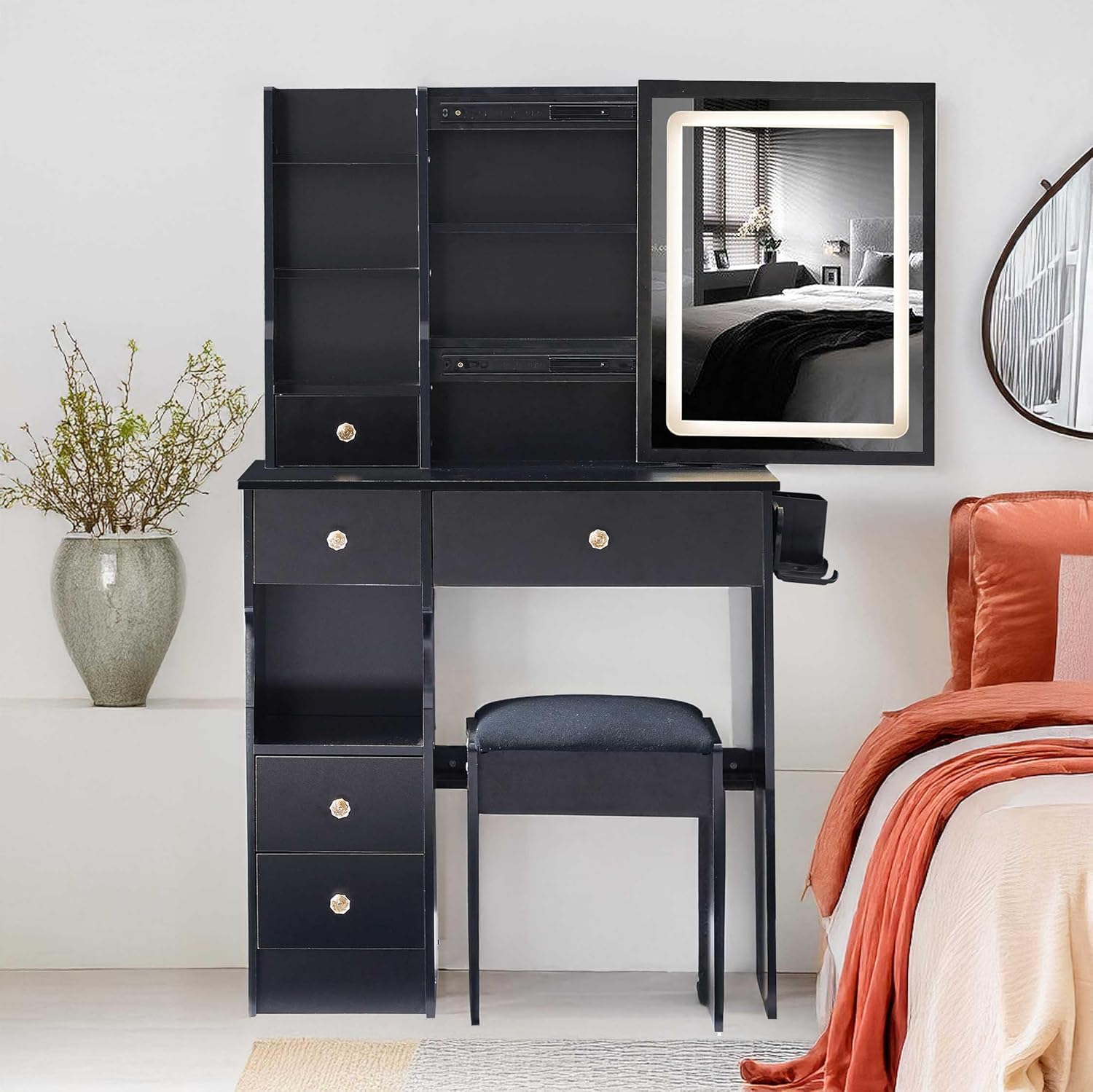 Small Vanity Desk with Mirror and Lights for Girls, Compact Makeup Vanity Set with Drawers, Cushioned Chair, and Adjustable LED Lighting for Small Spaces and Bedrooms (Black-1)