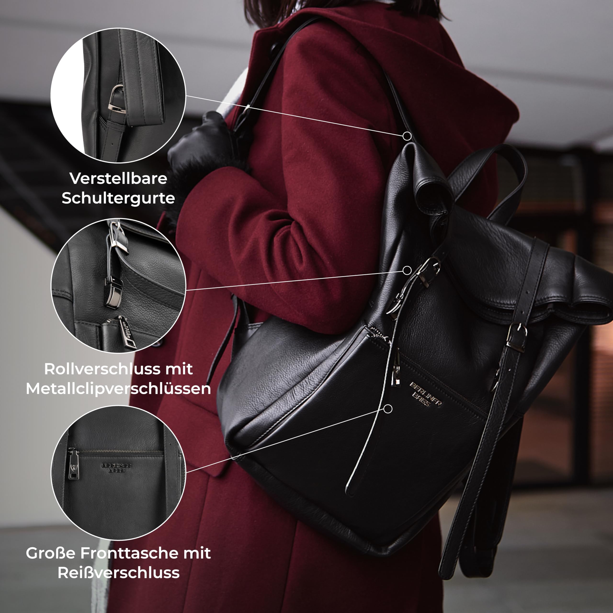 Berliner Bags Rucksack Lille Premium, Cityrucksack aus Leder - Schwarz