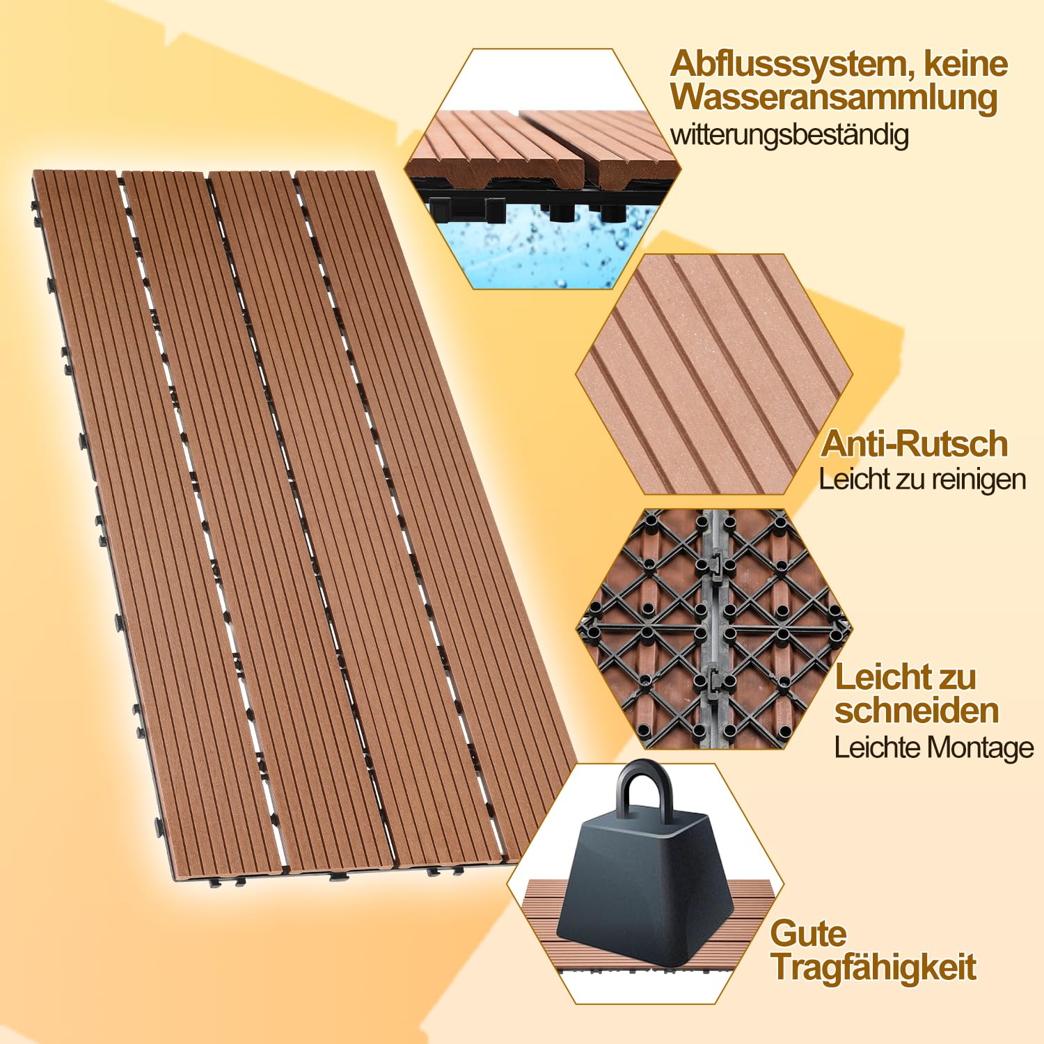 Randaco Płytki tarasowe WPC 30 x 60 cm, zestaw 30 sztuk na 5 m², płytki z tworzywa sztucznego, płytki na klik, płytki balkonowe z drenażem, do ogrodu, na taras, łatwe układanie, brązowe
