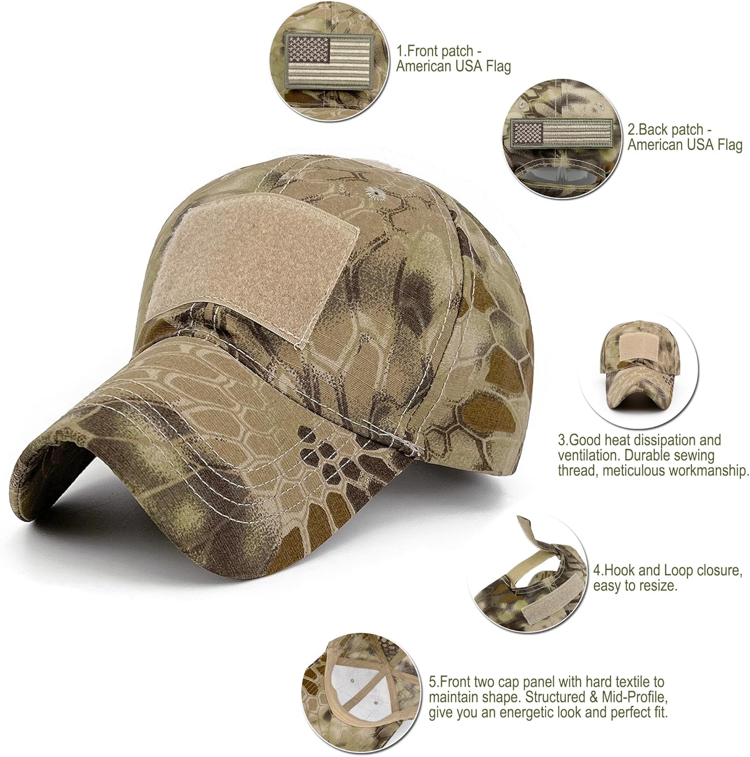 REDSHARKS Men American Flag Patch Tactical Camo Baseball Cap Women USA Flag Military Army Patriotic Operator Camouflage Hat - Image 2