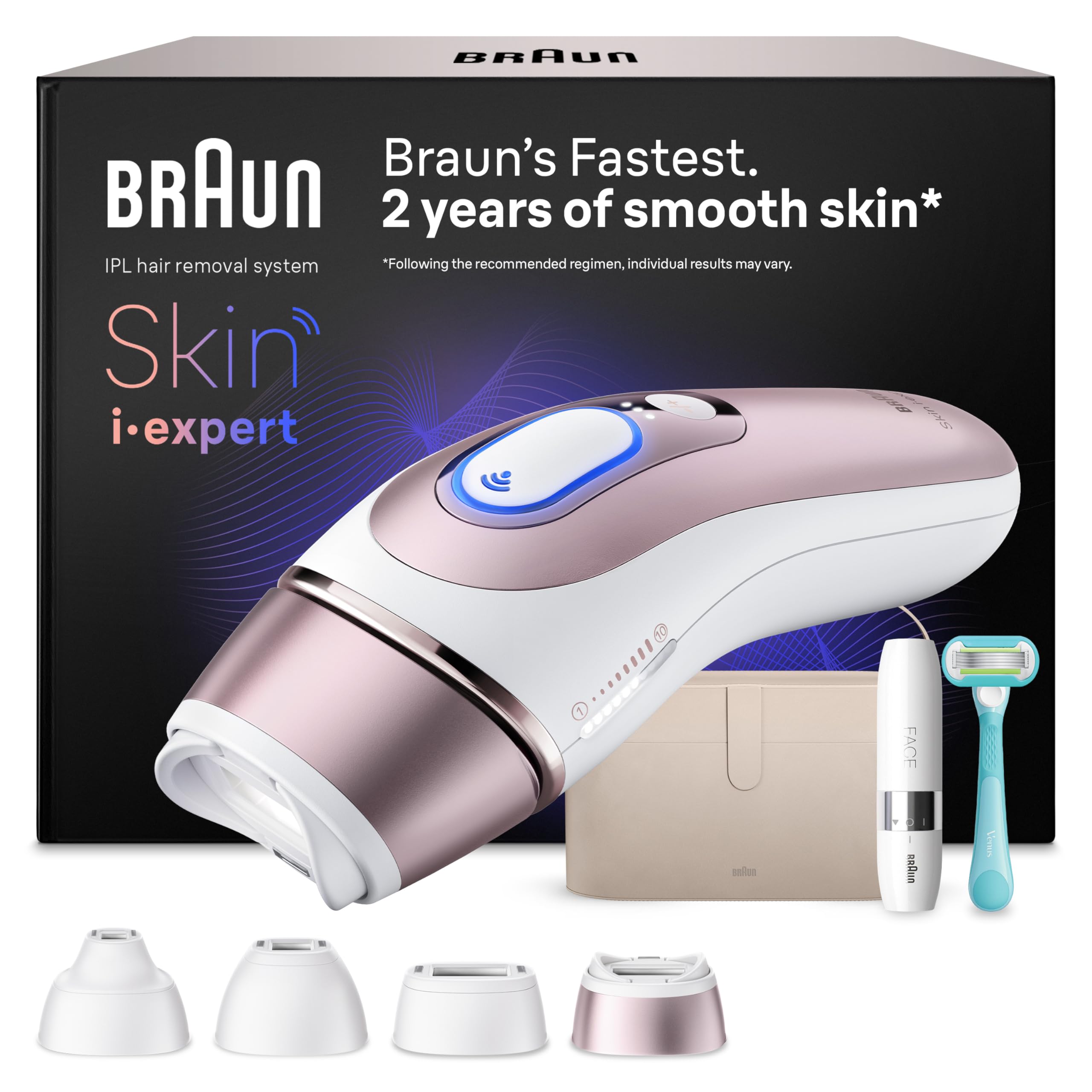 Braun Depiladora Luz Pulsada Smart IPL Skin i·expert, Depiladora Laser con 4 Cabezales, Neceser, Mini Depiladora Facial Y Maquinilla Venus, Depilación Láser en Casa, PL7442, Blanco/Bronce