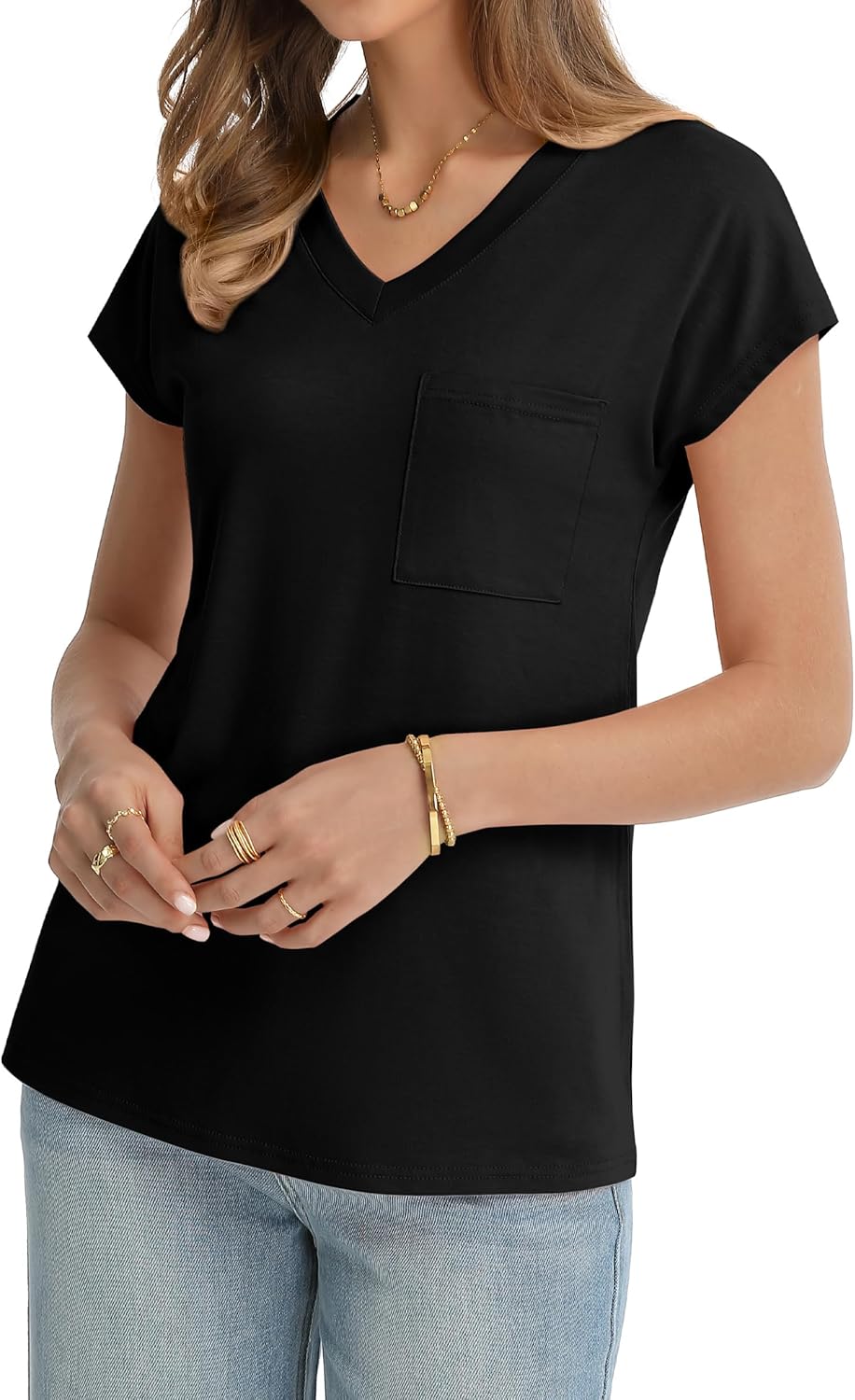 QUALFORT Womens V Neck T Shirt Short Sleeve Casual Top with Pocket Cap Sleeve Regular Fit Trendy 2026 - Image 2