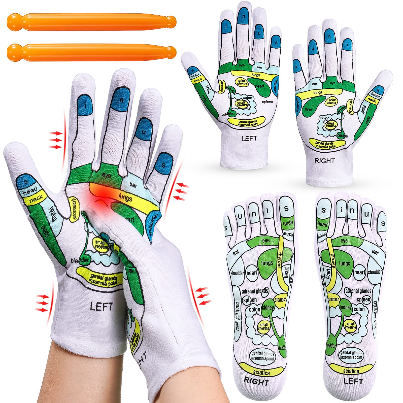 Acupressure Reflexology Tools Set - 4 Pcs - Socks and Gloves, Tutorial Reflexology Gloves with Massage Sandal, Pain Relief Acupuncture Socks for Foot Massage， Beginner Acupoint Massage Tools