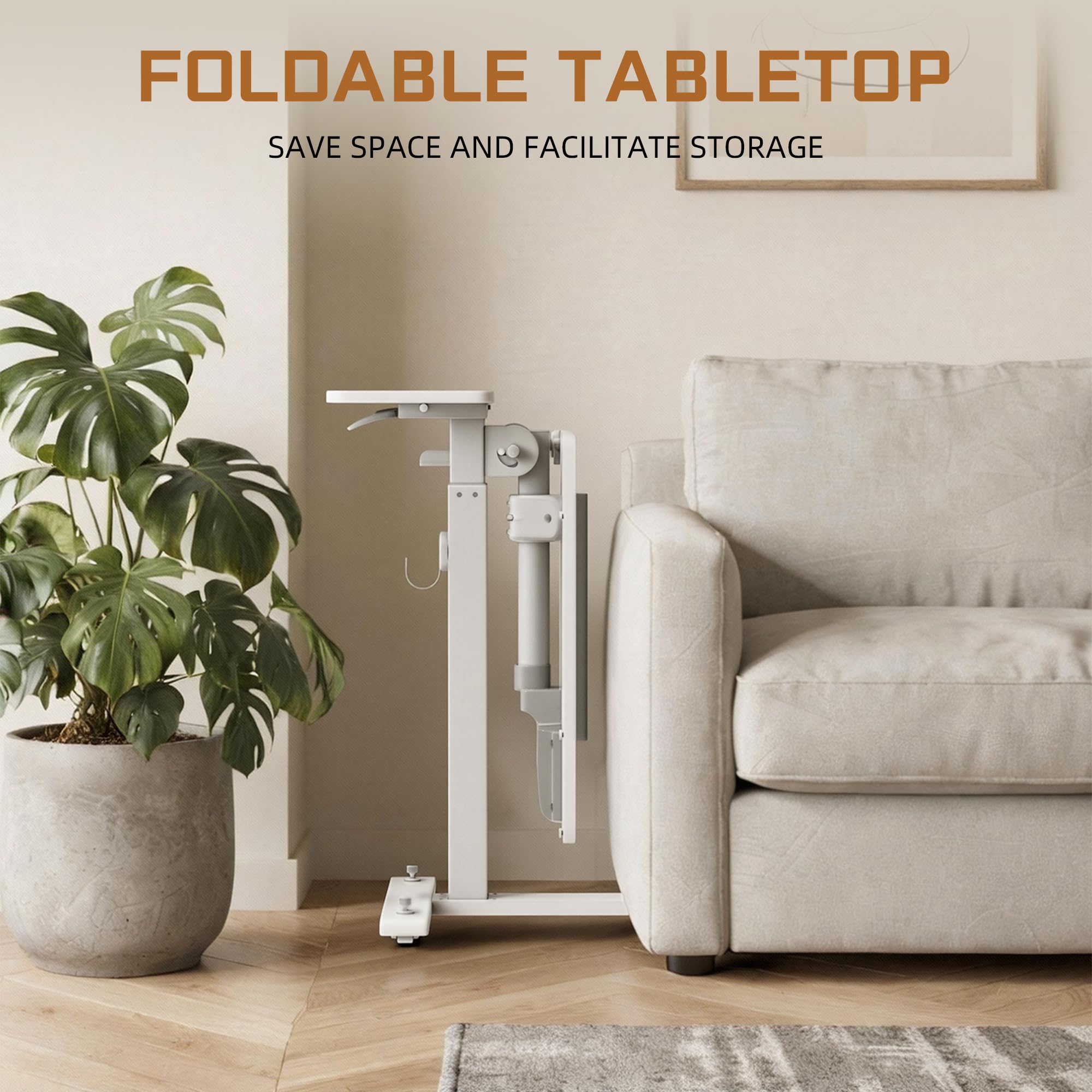 ETHU Klappbarer Beistelltisch mit Rollen, Höhenverstellbarer Nachttisch (68-108 cm) & Neigbare Tischplatte, Mobiler Computertisch Laptoptisch Kappbarer Überbetttisch für Bett, Sofa & Homeoffice, Weiß