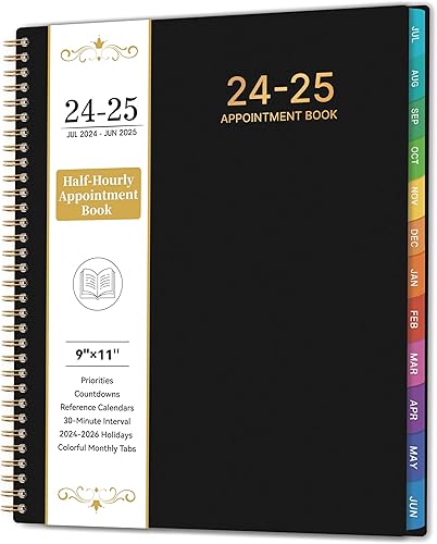 Agenda de citas 2024-2025, julio 2024 a junio 2025, planificador diario por hora con intervalo de 30 minutos, 9 x 11 pulgadas, planificador semanal