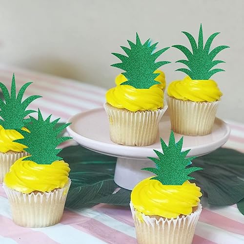 Miniatura 6 de 36 piezas de adornos para cupcakes de piña, dona con purpurina verde, hojas de piña, selecciones hawaianas para tartas Luau hawaianas, decoraciones