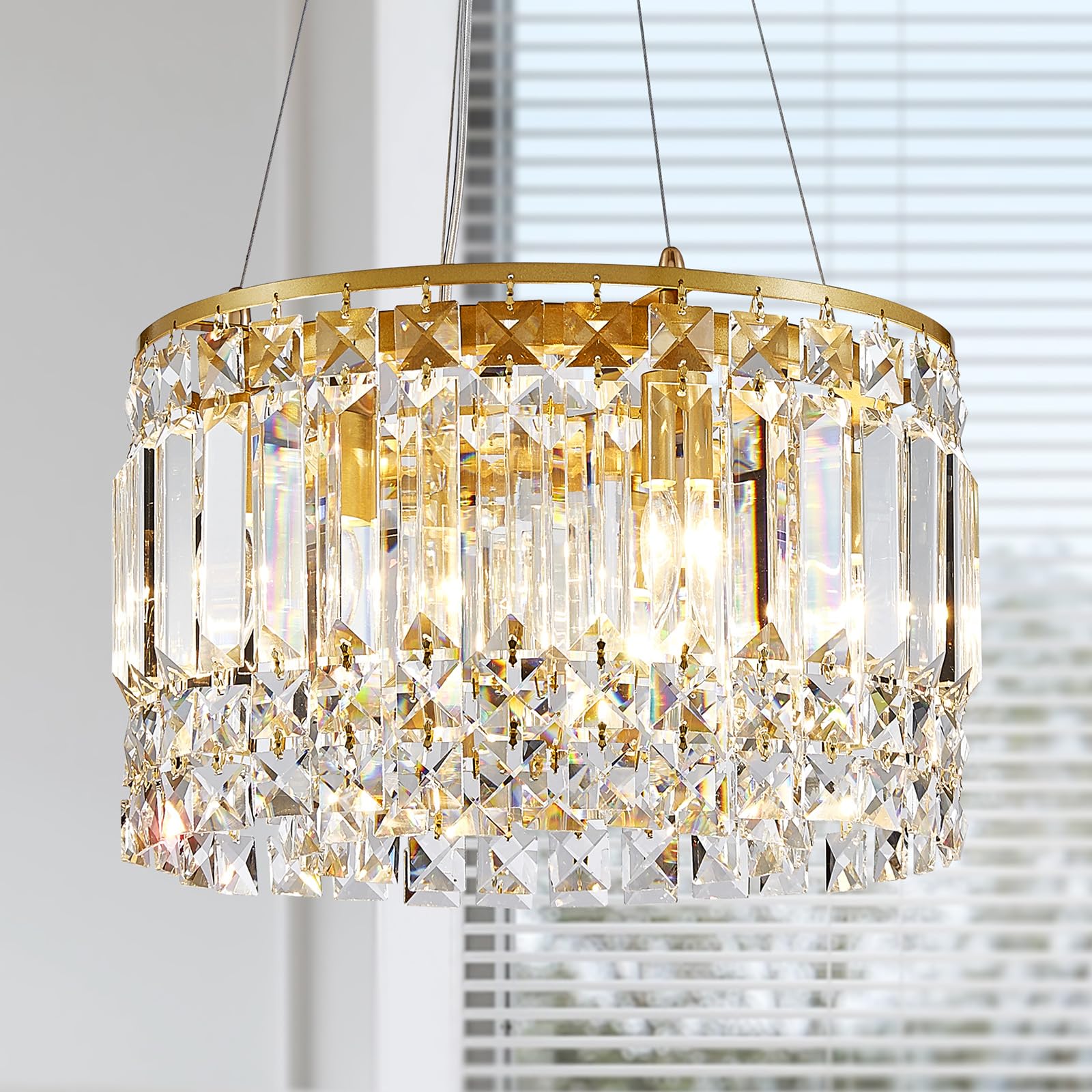 WUZUPS Crystal Round Chandelier 4-Light Pendant Ceiling Light Modern Lighting Fixture for Bedroom Diningroom Bar Kitchen Bathroom Livingroom, H 9'' x W 16'', E12 Base, Gold