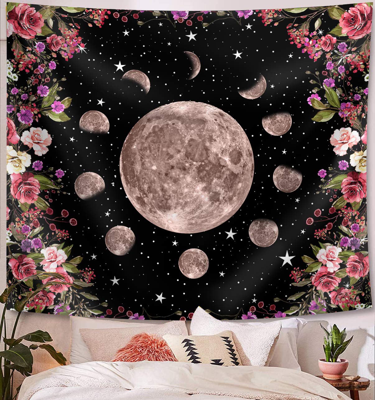 OCCIGANT Moonlit Garden Tapestry Wall Hanging Celestial Moon Phase Surrounded by Watercolor Colorful Vines and Flowers Starry Sky Night Wall Art Blanket for Living Room Bedroom Dorm Room.