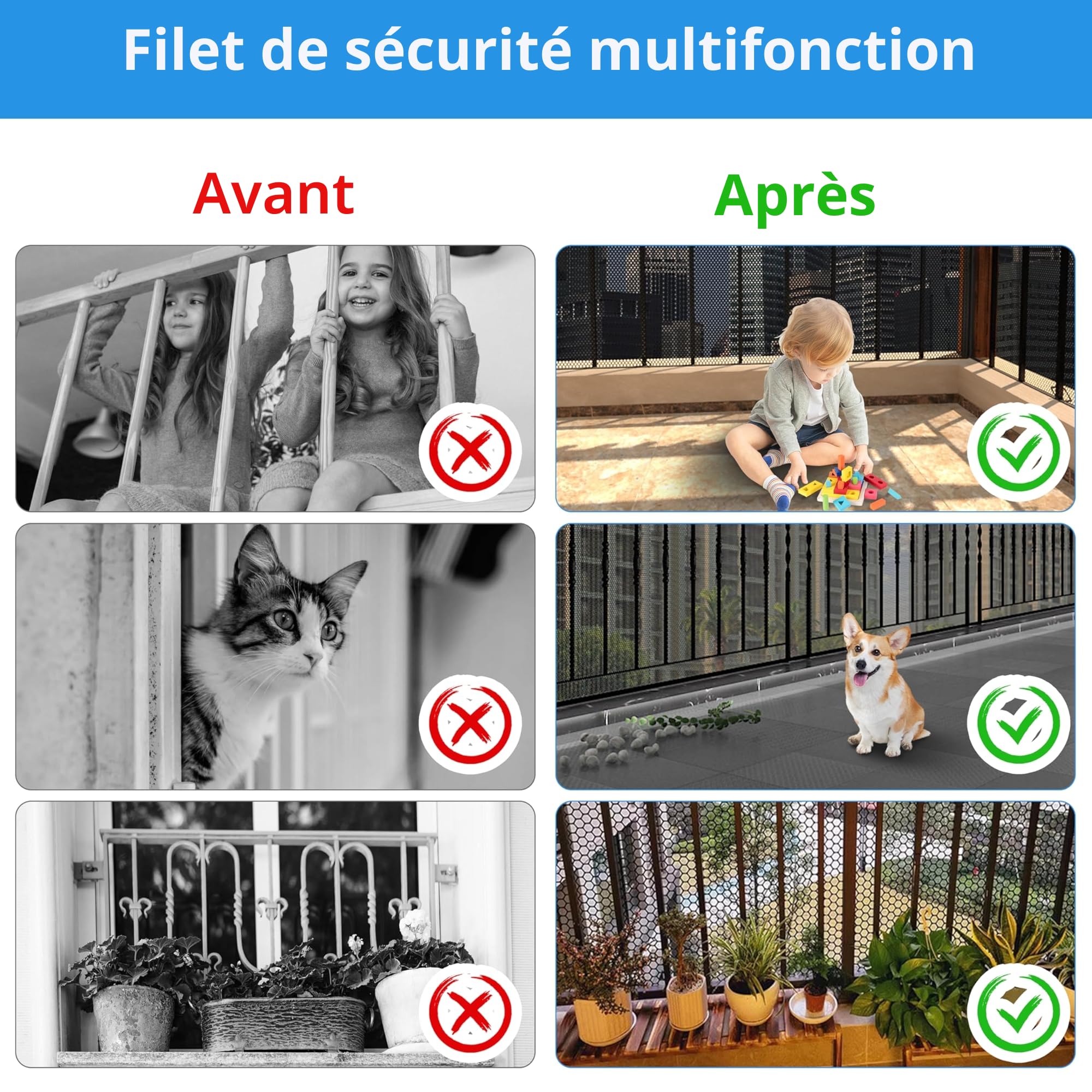 4,5 Mètres Filet de Sécurité pour Bébé, Filet de Protection Anti-Chute pour Escaliers, Balustrades de Balcon et Clôtures, Robuste et Réglable pour Enfants, Animaux Domestiques, Jouets, 4,5*0,9M Noir