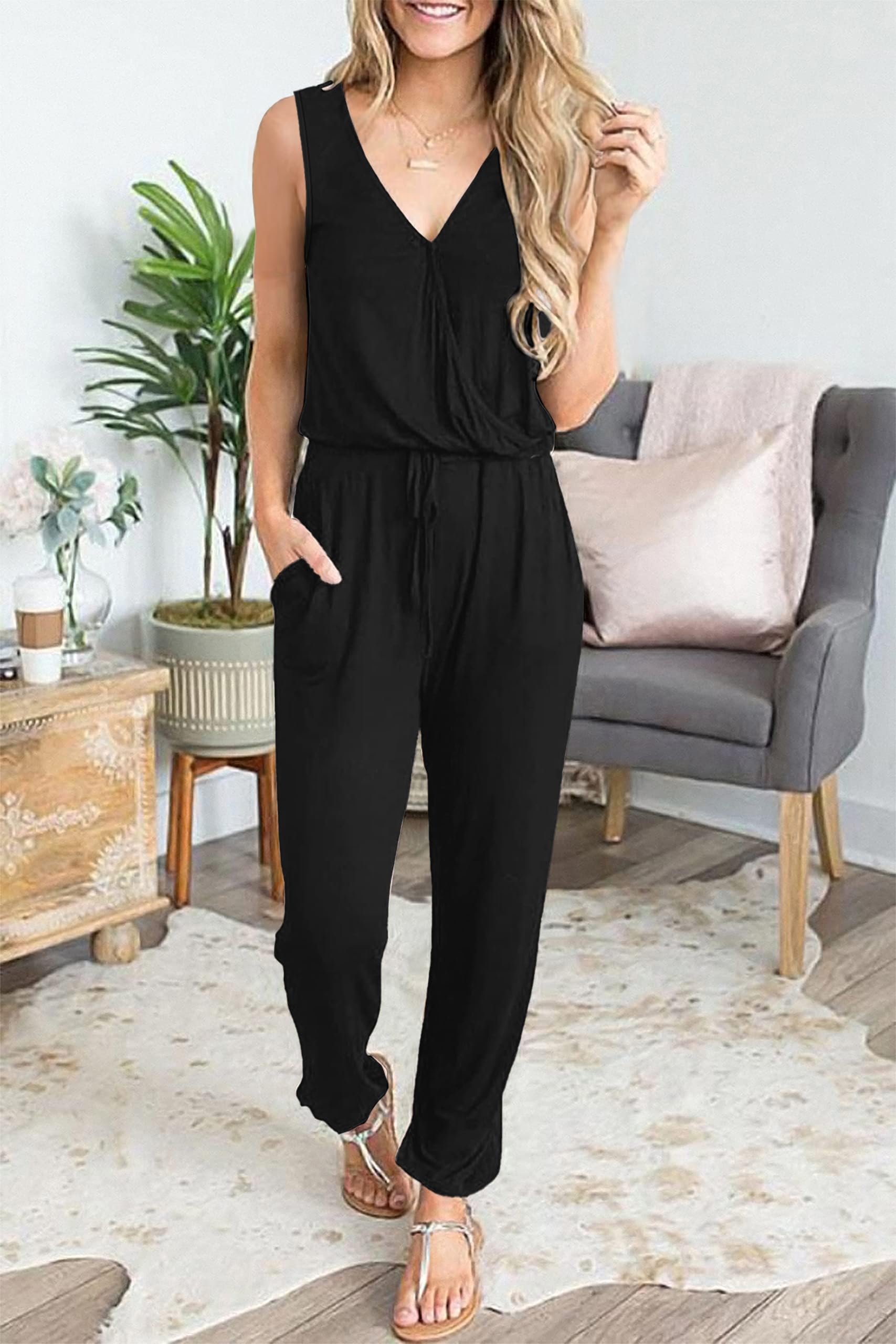 Jumpsuit for Damen Sommer Elegant Playsuit Casual Overall ärmellos Romper Verstellbarer Bund V-Ausschnitt mit Taschen