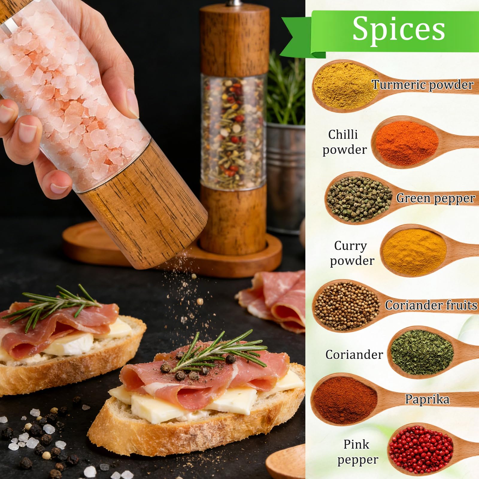 Macina Pepe,Macina Sale Pepe,Set Macina Sale e Pepe in Legno,Ceramico Regolabile Macinapepe,Macinino per Pepe con Trasparenti Finestra in Acrilico,per Cumino Erba Sesamo,Spezie, Finocchi