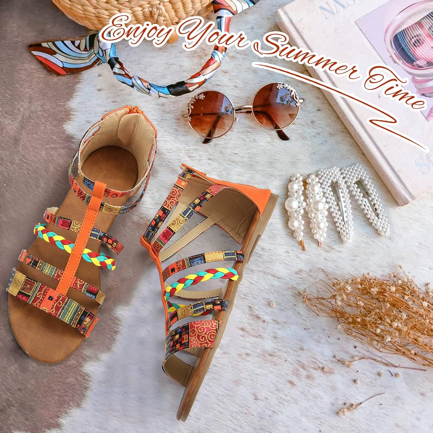 gracosy Flat Sandals for Women, Wedges Sandals Gladiator Summer Dress Sandals Ankle Slippers Woven Straps Shoes Flip Flop Thong - Image 7