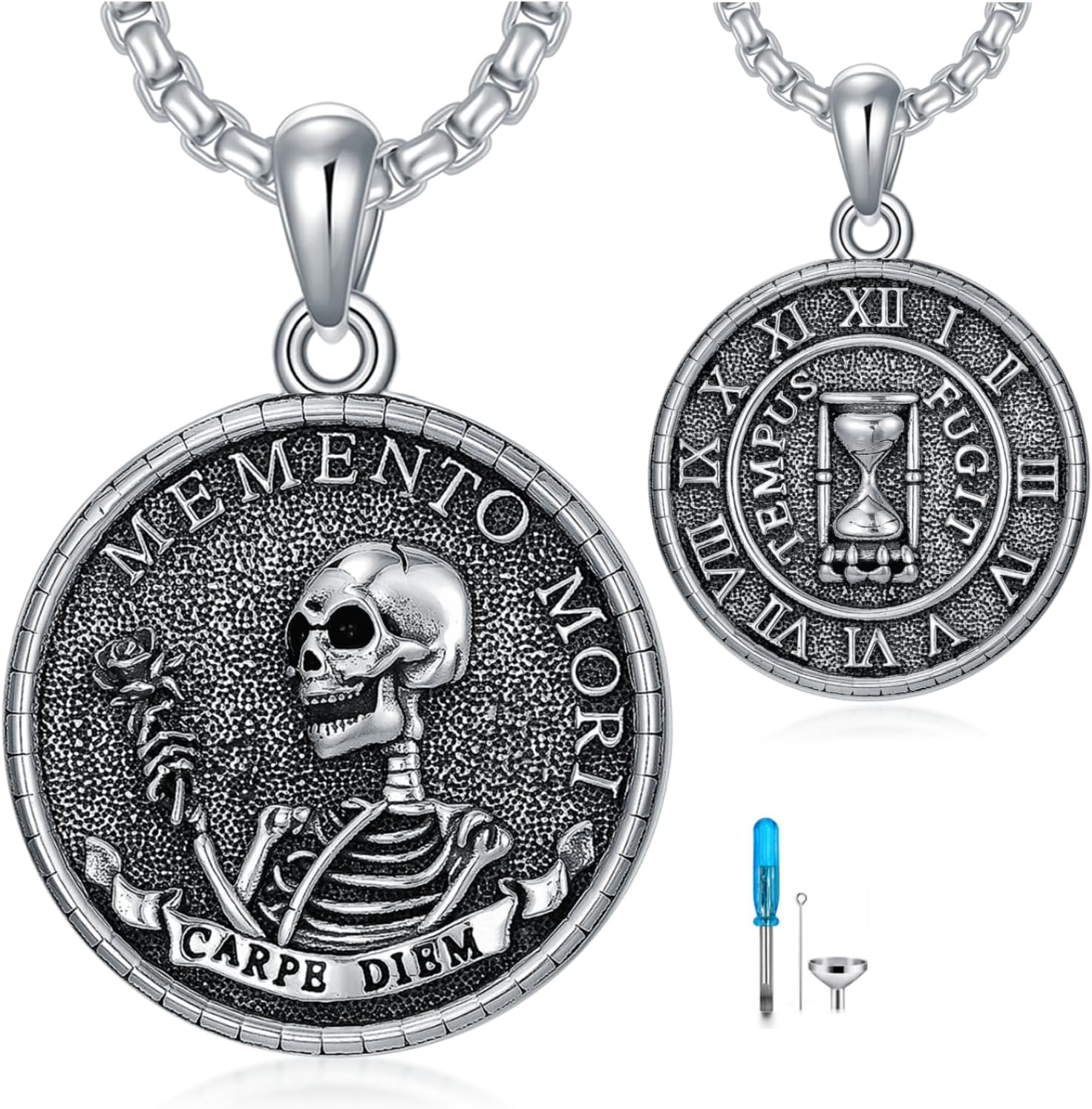PELOVNY Memento Mori Necklace for Ashes of Loved One 925 Sterling Silver Stoic Skull Skeleton Necklace Cremation Urn Jewelry for Men Women