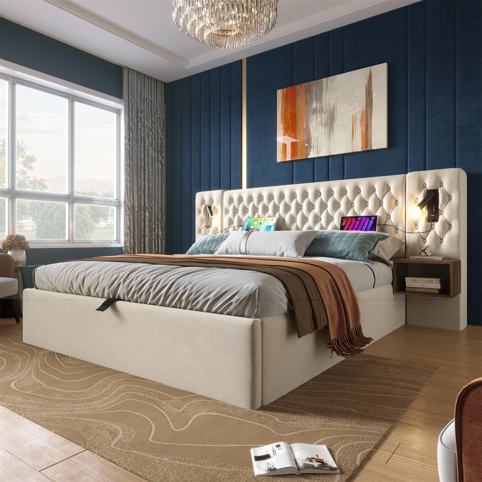 Ensemble Complet de Lit pour Chambre à Coucher, Lit Double, 160 x 200 cm, lit de Rangement hydraulique, avec 2 Tables de Chevet, Lampe de Lecture avec Fonction de Charge USB, Beige,(sans Matelas)