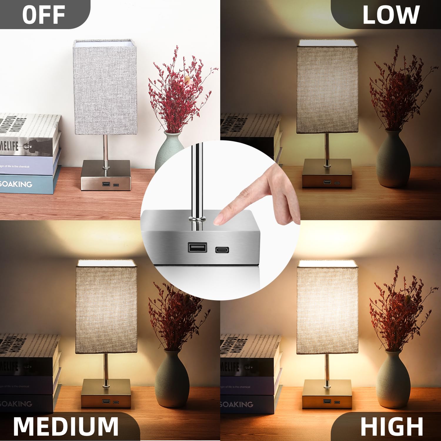 Totofac Touch Bedside Table Lamp, Touch Control Table Lamp with USB-C&USB-A Charging Ports, Lamps 3 Way Dimmable - Image 2