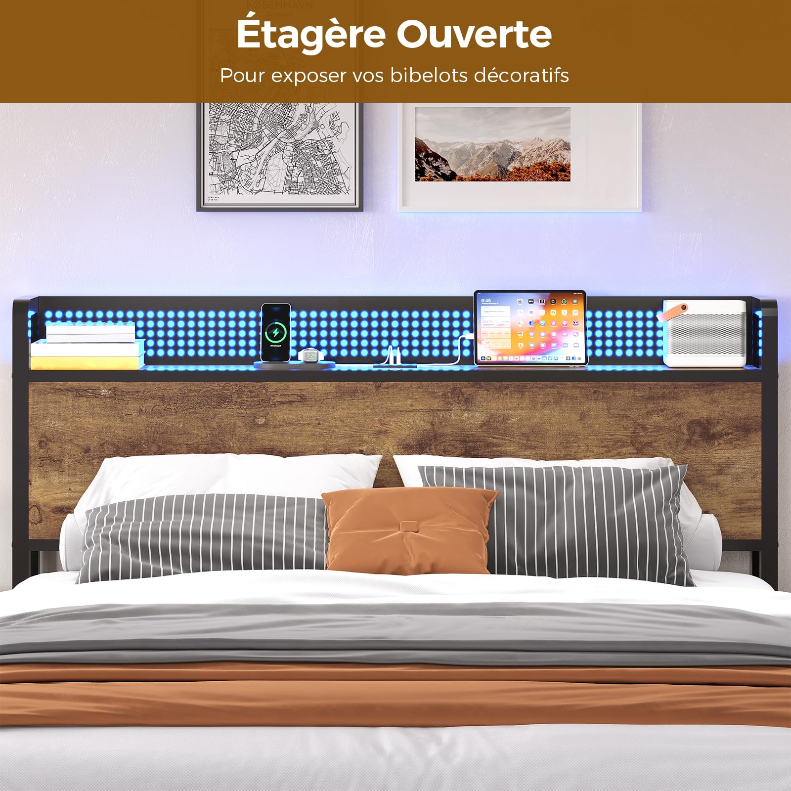 Lit 140x200 avec Sommier et Rangement, Cadre de Lit 140x200 en Métal avec Éclairage LED Réglable et Multiprise, Tête de Lits avec Panneau Perforé, Lits Double Style Industriel Marron Rustique