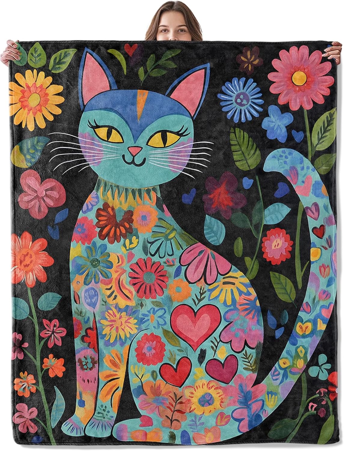 Colorful Cat Blanket, Lightweight Comfy Bright Floral Kitten Blankets for Couch Sofa Bedroom, Soft Plush Travel Flannel Folk Art Throw Blanket Gifts for Adults Kids Women, Home Decor 80×60in