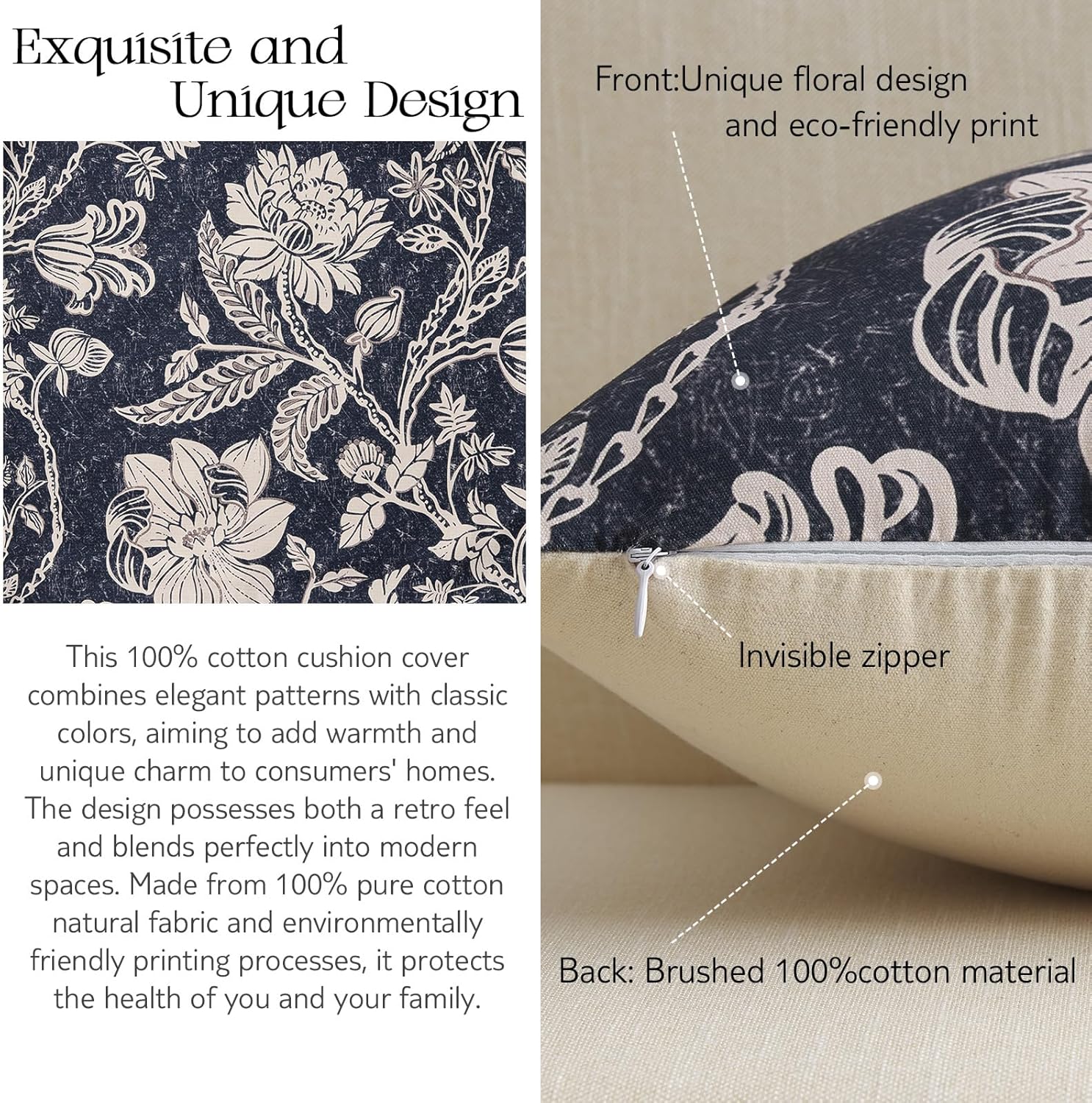 Vintage Floral Pillow Covers 20x20：Navy Blue Throw Pillow Covers Decorative — Neutral Modern Farmhouse Boho Patterned Cotton Square Cushions Accent Covers Sofa Bed Living Room Pillowcases Pack of 2