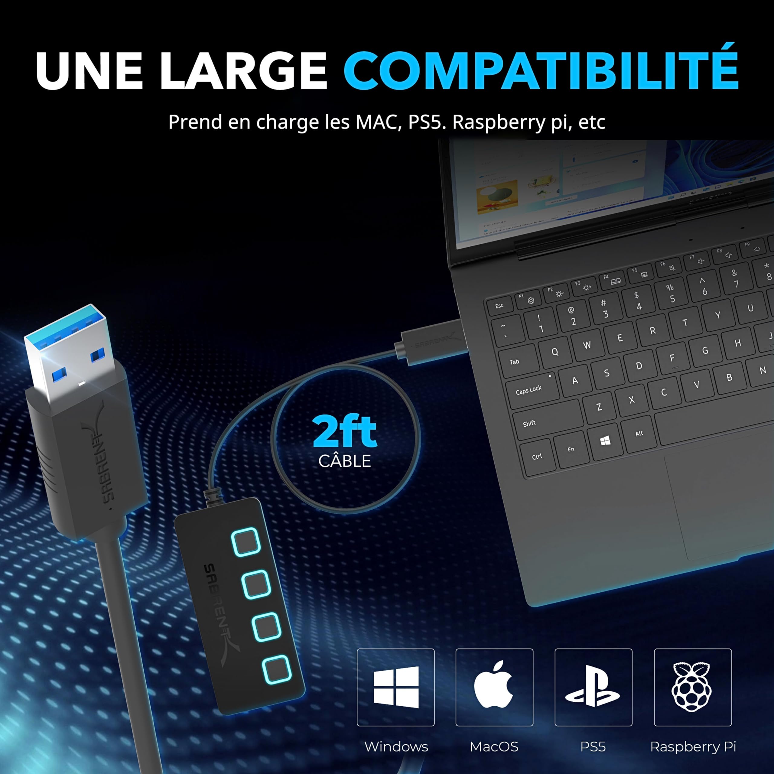 SABRENT Hub USB 3.0 Alimenté 4 Ports 5 Gbps avec Commutateurs et Voyants Individuels HB-UMP3