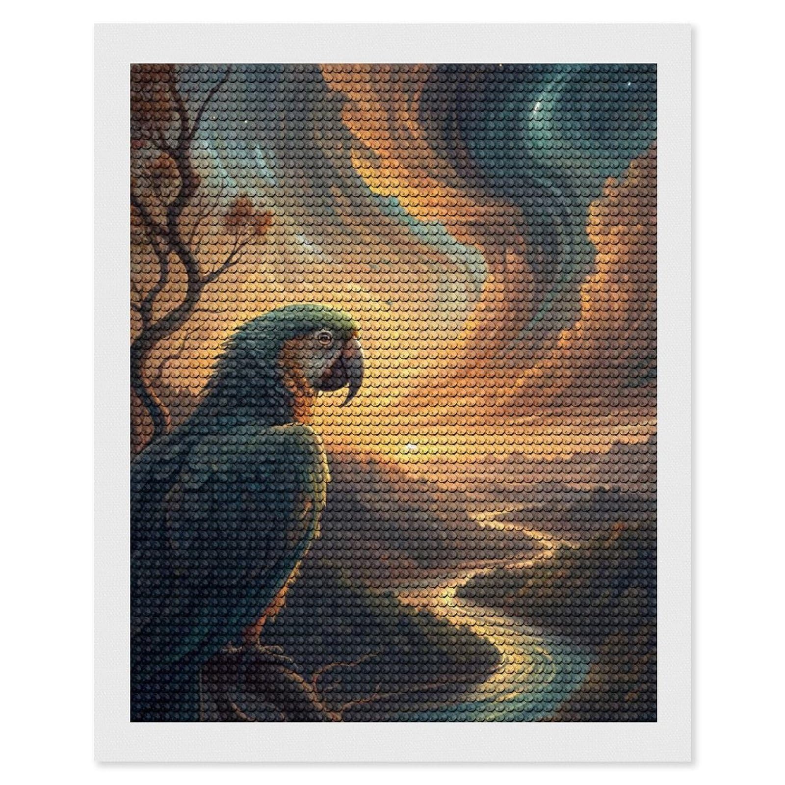 Junmoney Parrot Overlooking A River Valley at Sunset Diamond Painting Set 16"x20", Modern Decor, for Beginners, Printed Canvas, Thoughtful Handmade Gift, with Tool Kit