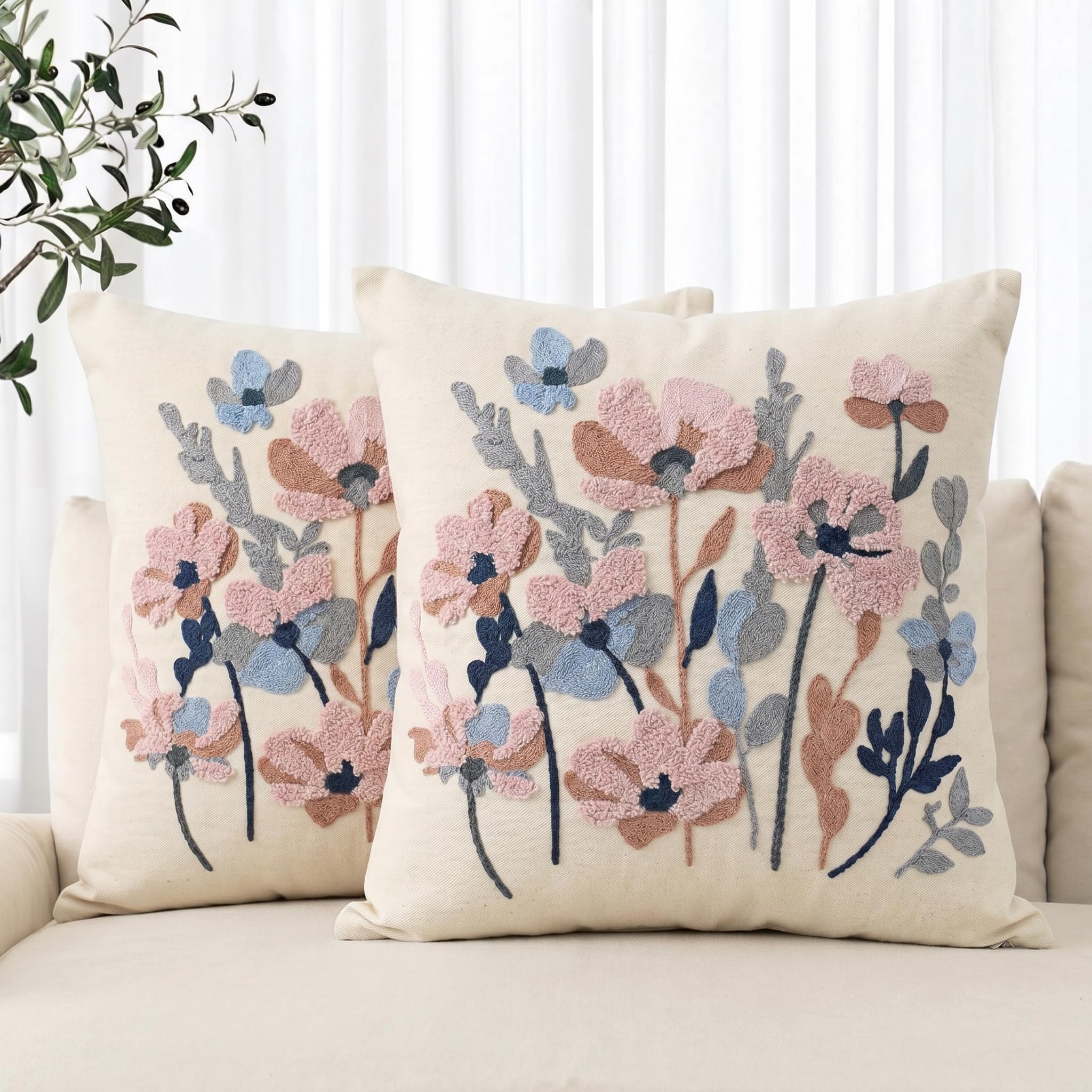 Artoid Mode Chain-stitch Flowers Leaves Autumn Cushion Covers 45x45 cm 2PCS